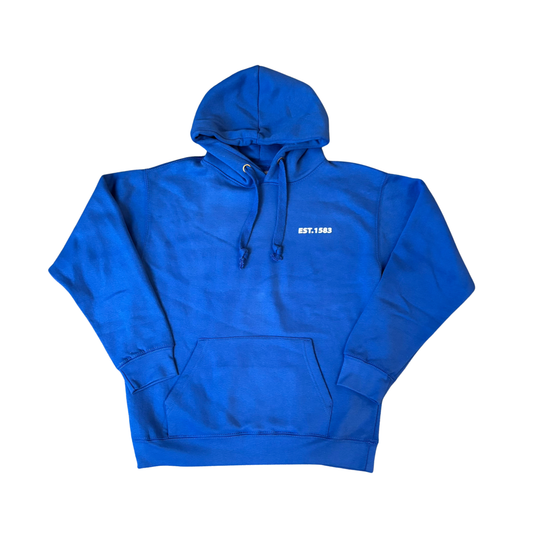 Royal blue hoodie with 'est 1583' in white bubble print on left chest.