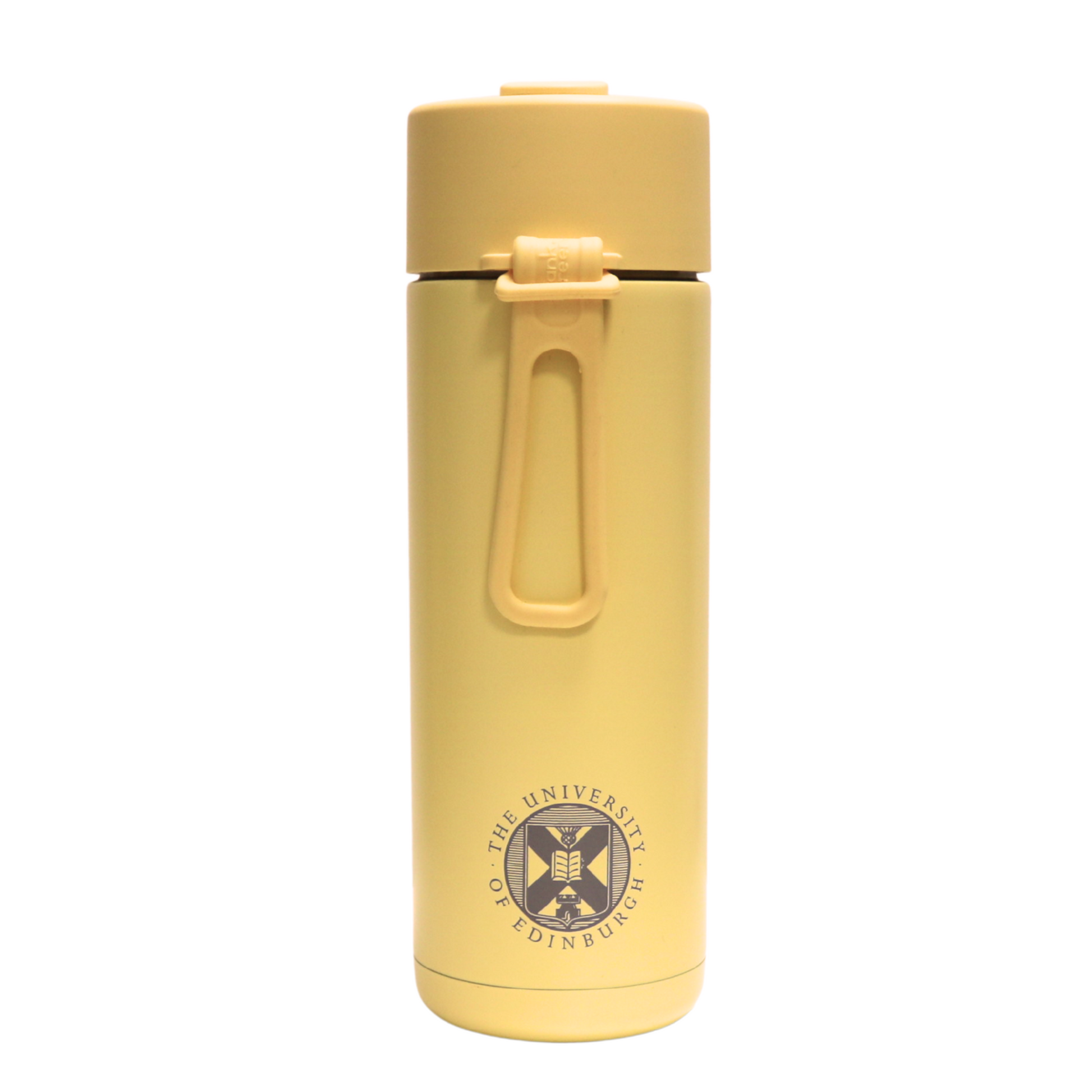 The front of the Frank Green Thermal Reusable Bottle - 595ml in Buttermilk with the University logo laser engraved. The front also shows the silicon strap.