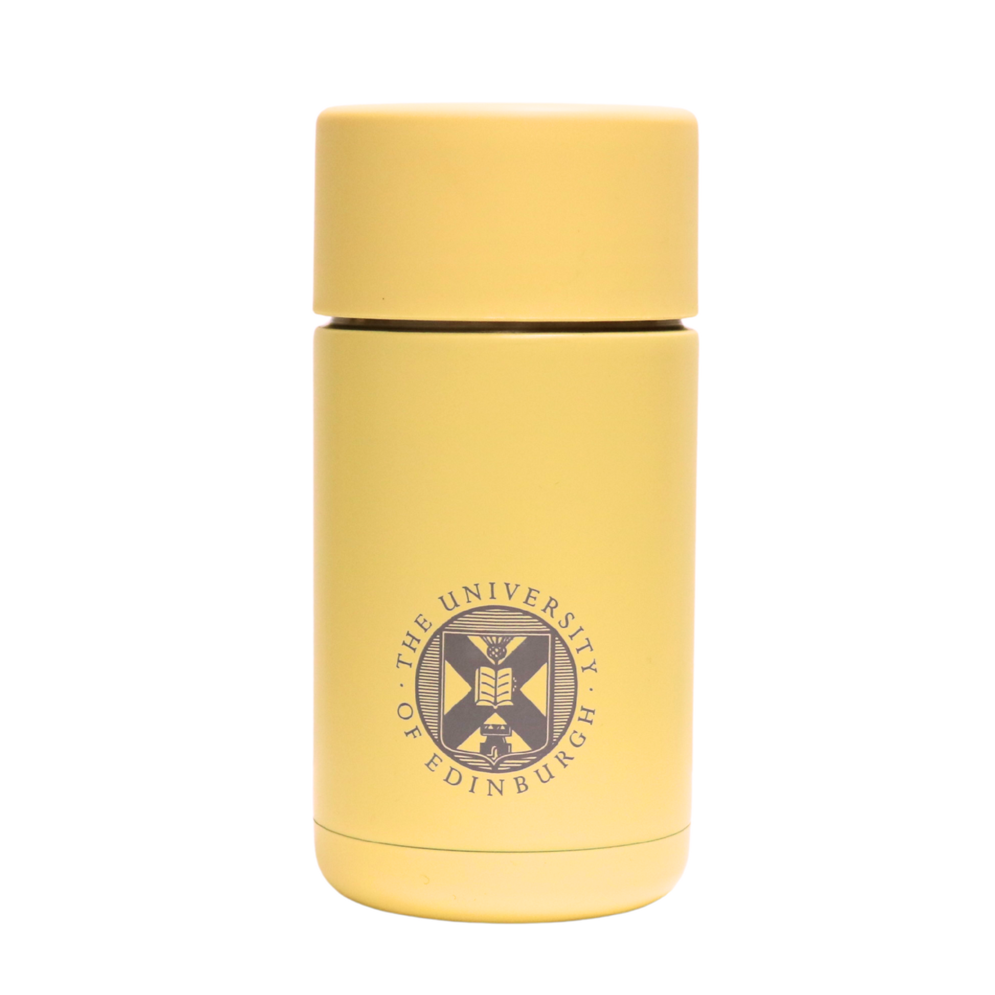 The front of the Frank Green Thermal Reusable Coffee Cup - 355ml in Buttermilk with the University logo laser engraved. 