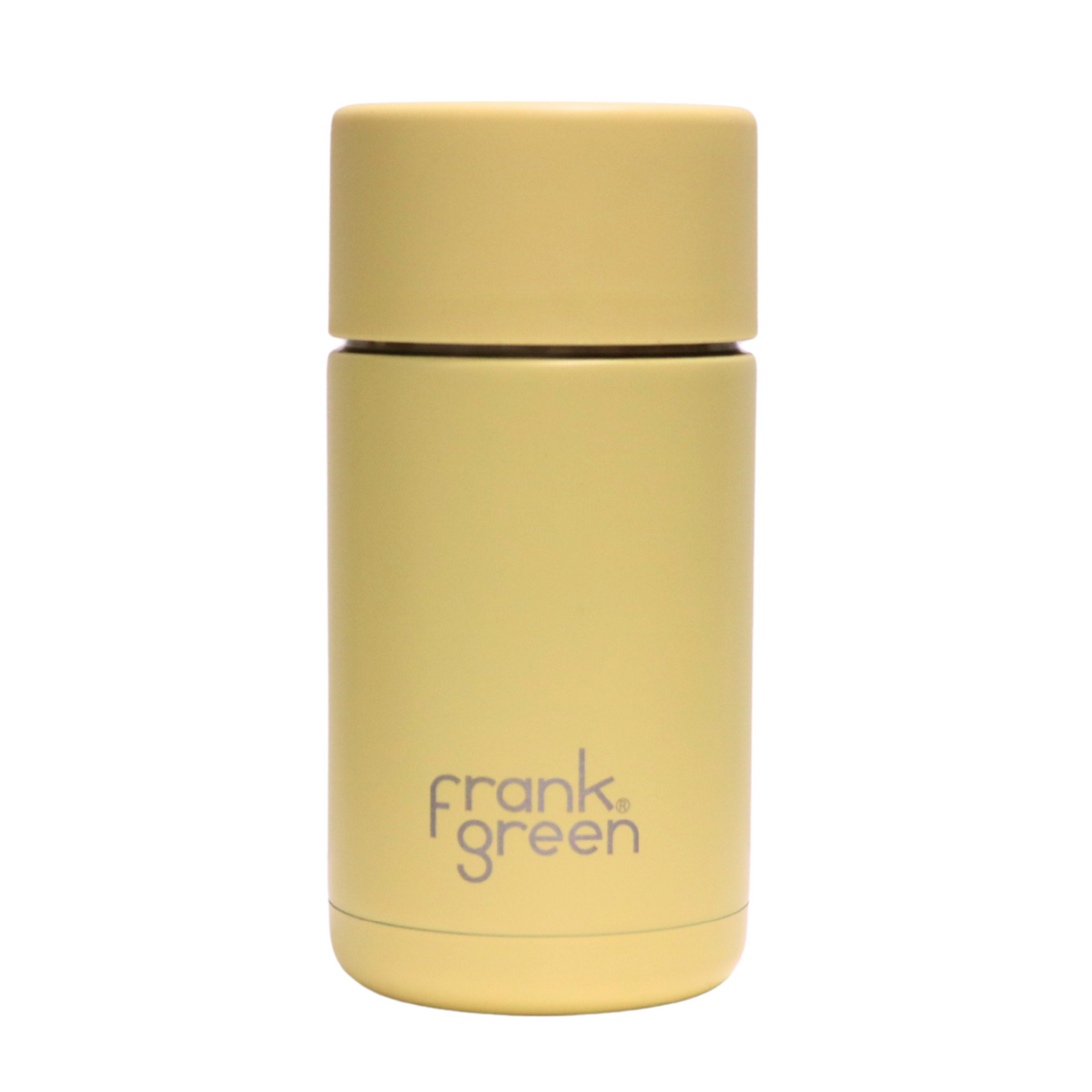 The back of the Frank Green Thermal Reusable Coffee Cup - 355ml in Buttermilk with the Frank Green logo laser engraved.