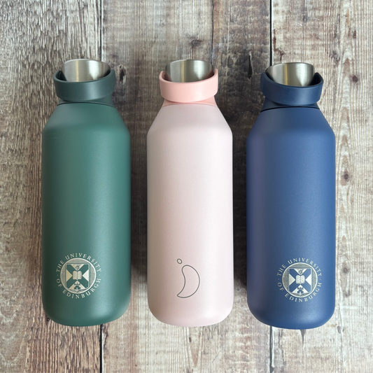 Chilly's 500ml thermal water bottle in colours pine green, blush pink and whale blue. Each bottle is engraved with the University crest and the Chilly's logo.