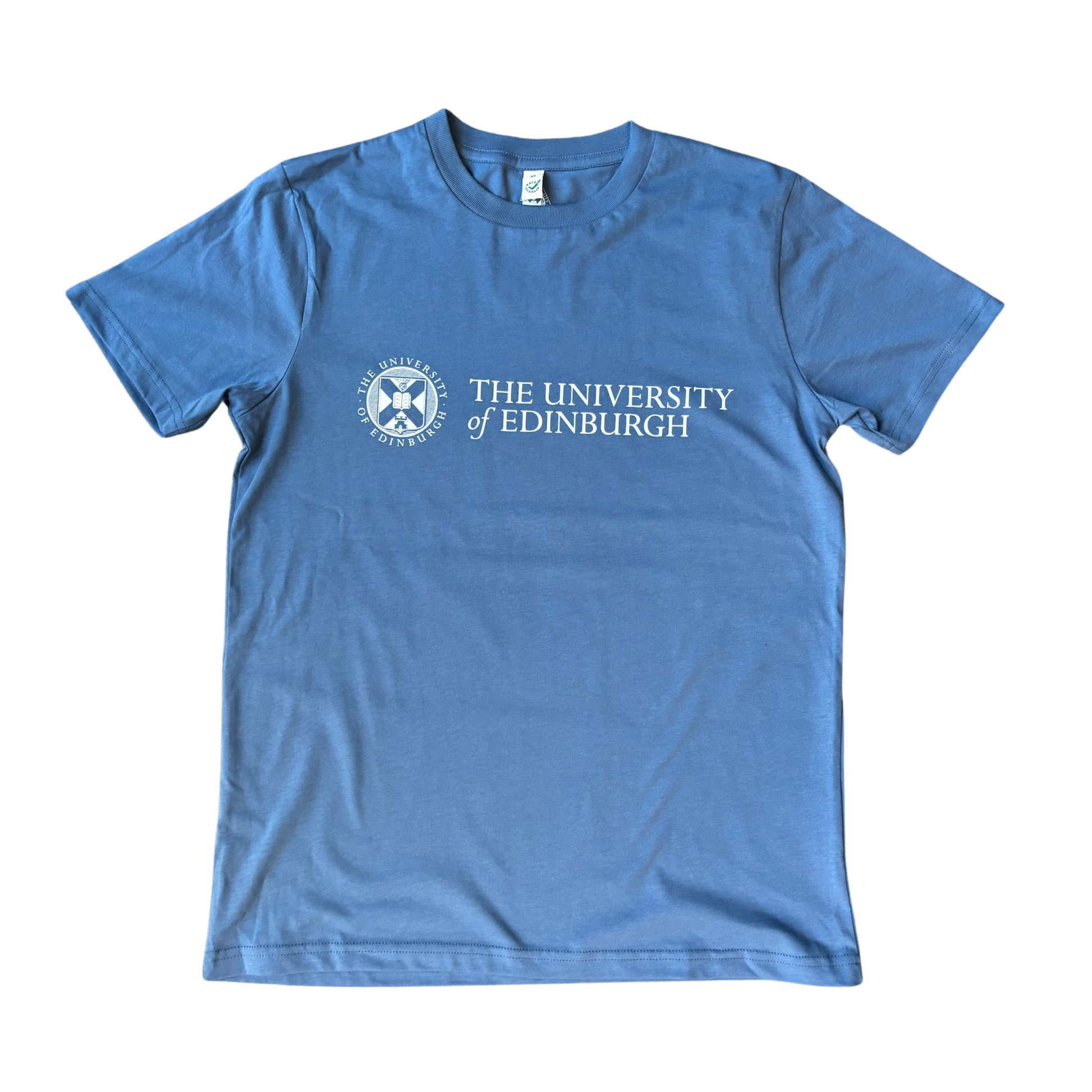 A denim blue t-shirt with the University logo printed across the chest in white