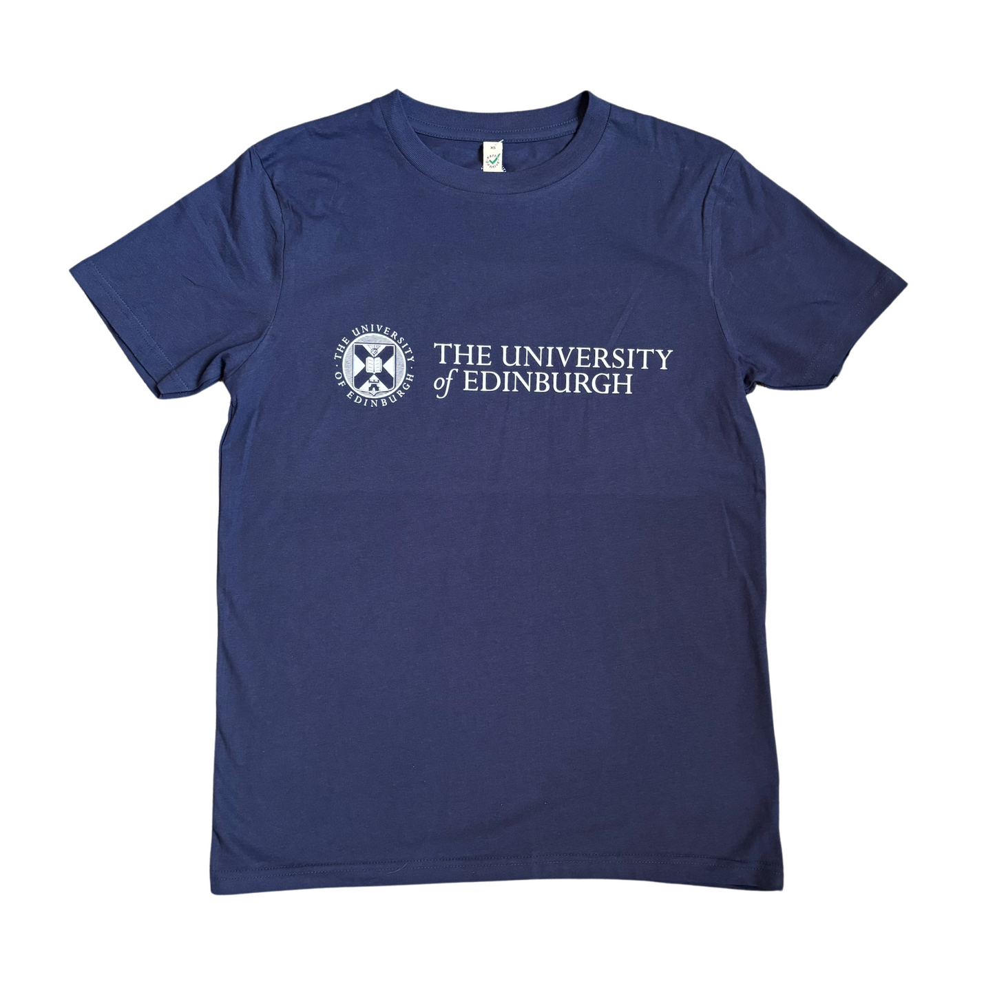 A French navy blue t-shirt with the University logo printed across the chest in white