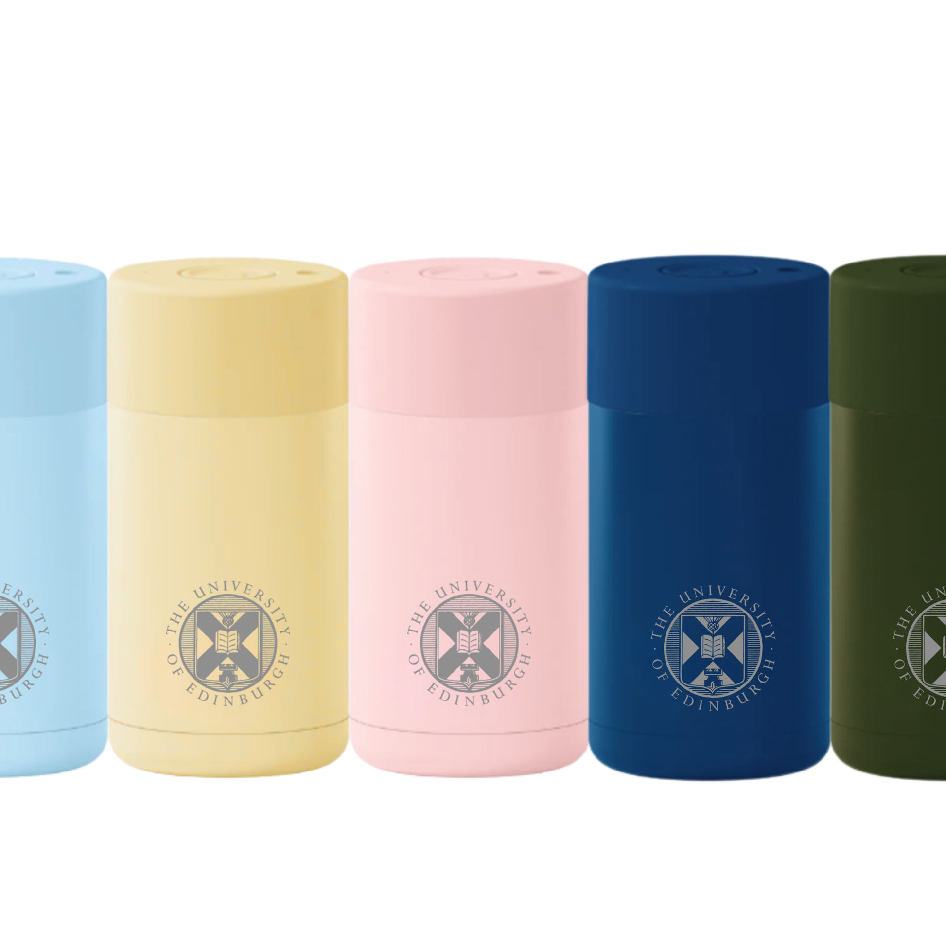 The complete range of Frank Green x The University of Edinburgh Thermal Reusable Coffee Cups.