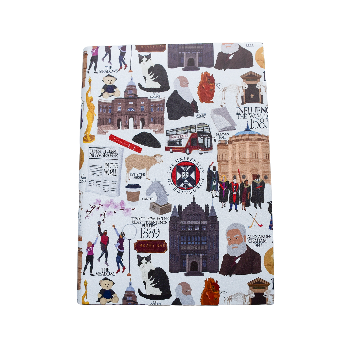 A close up of the A5 Heritage Collection notebook. It is white with various illustrated figures and images associated with the University of Edinburgh.