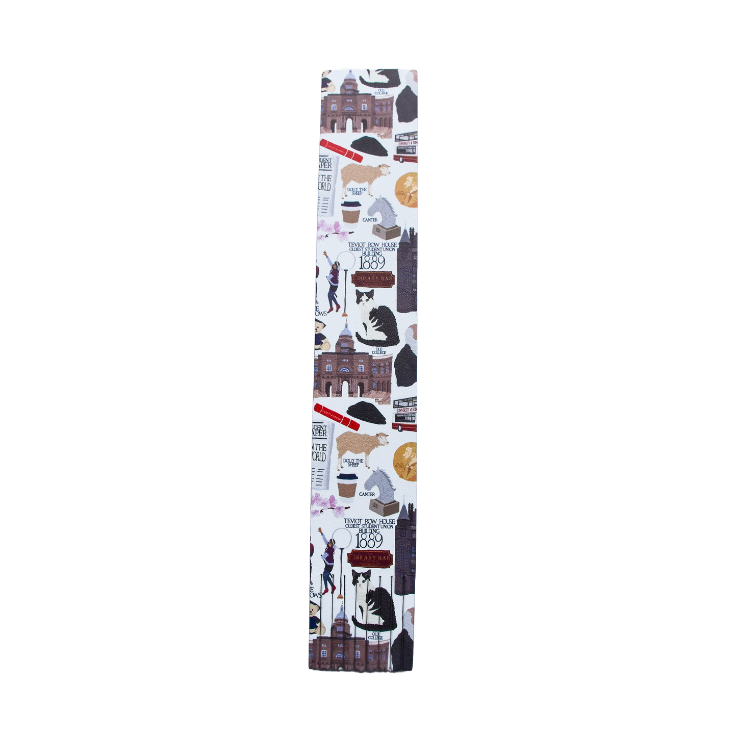 A close up of the Heritage Collection bookmark. It is a white background with various illustrated figures and images relating to the University of Edinburgh. It  has cut tassels on the bottom.