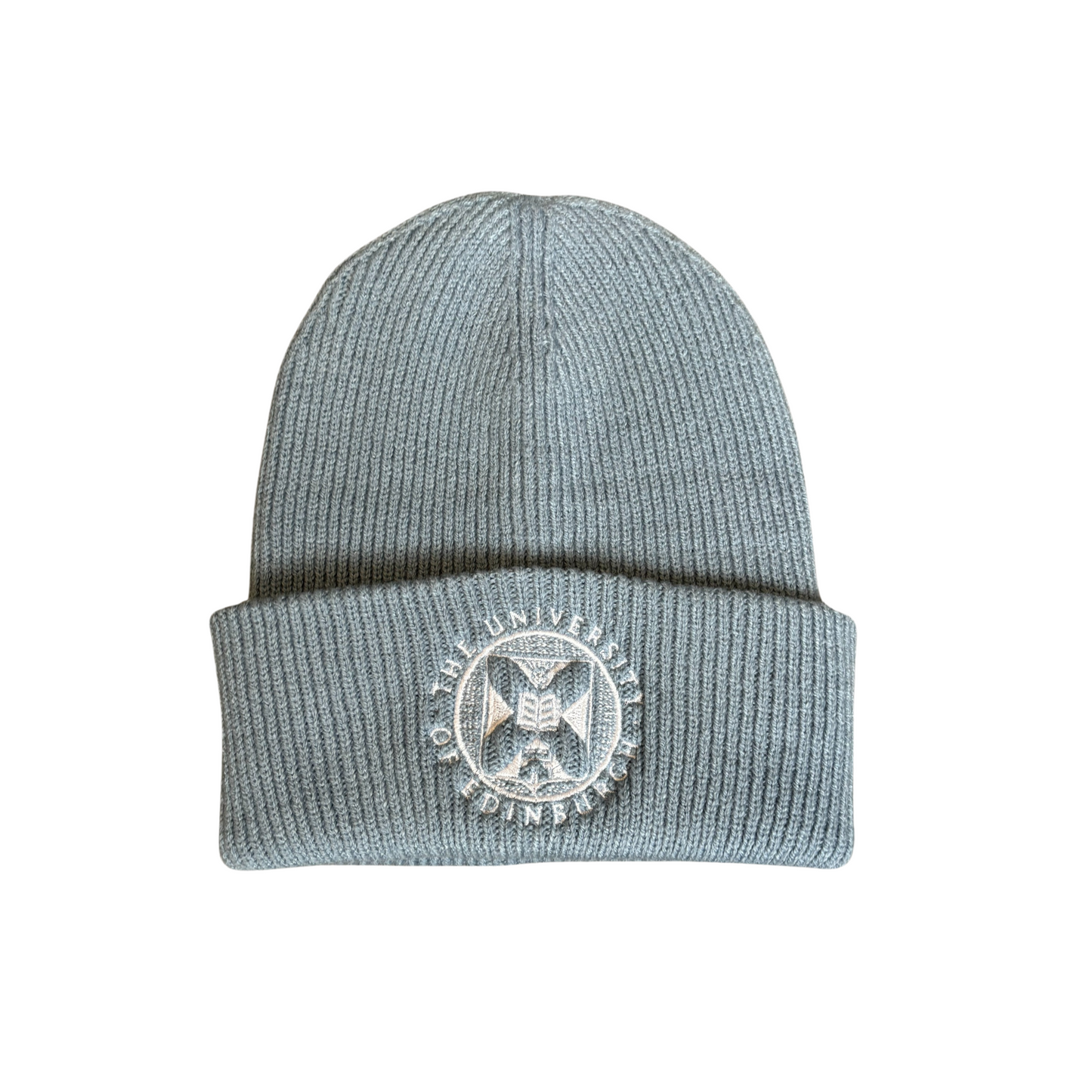 dusty blue ribbed cotton beanie with white embroidered university crest