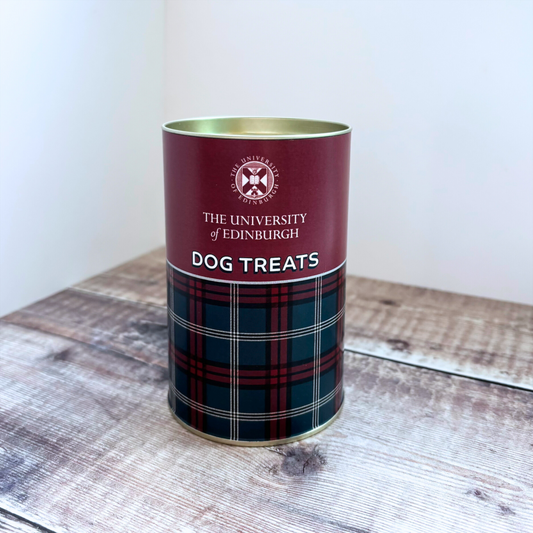 Our University dog biscuits are presented in a metal drum wrapped in the University tartan.