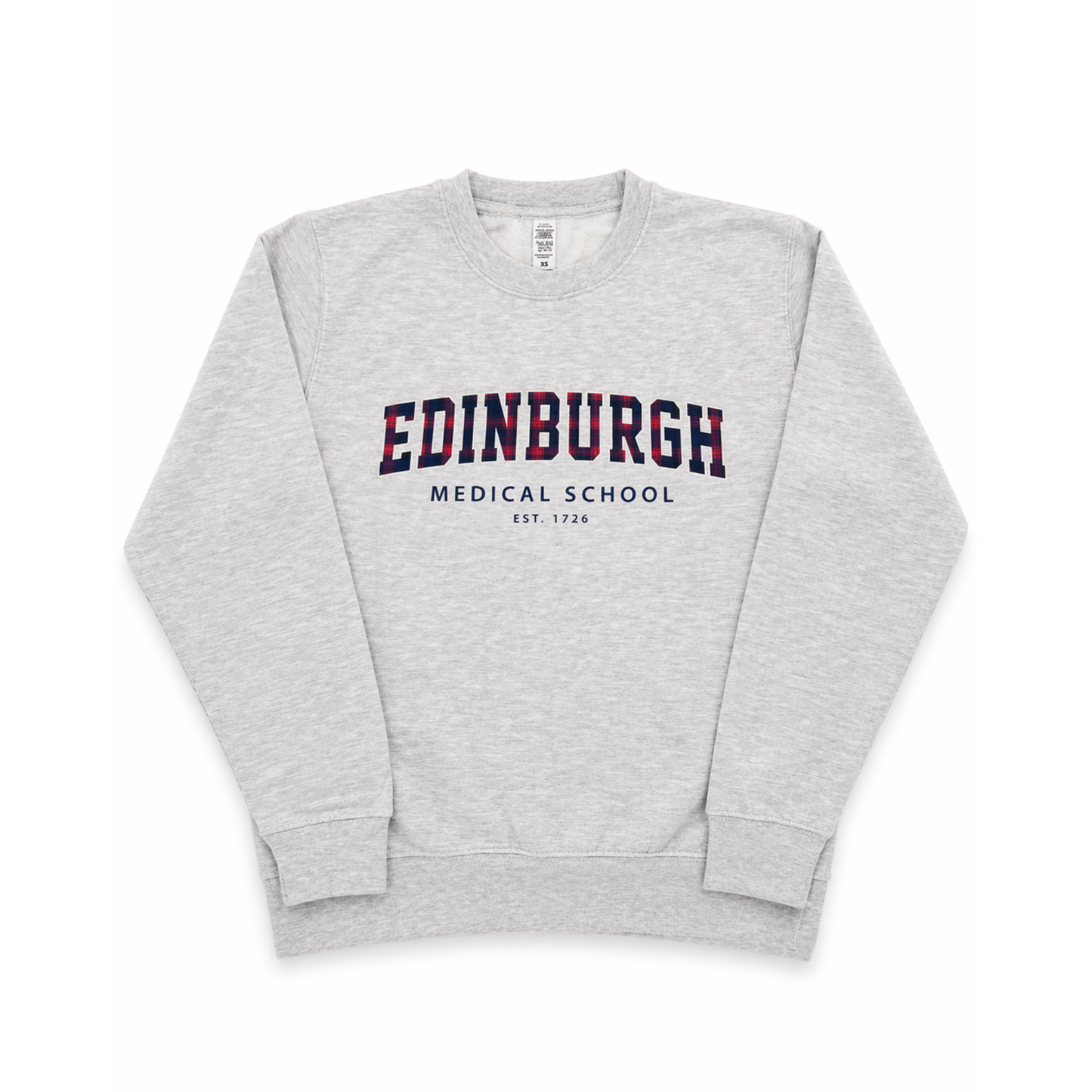 Gray sweatshirt with 'Edinburgh Medical School' tartan print text on a white background