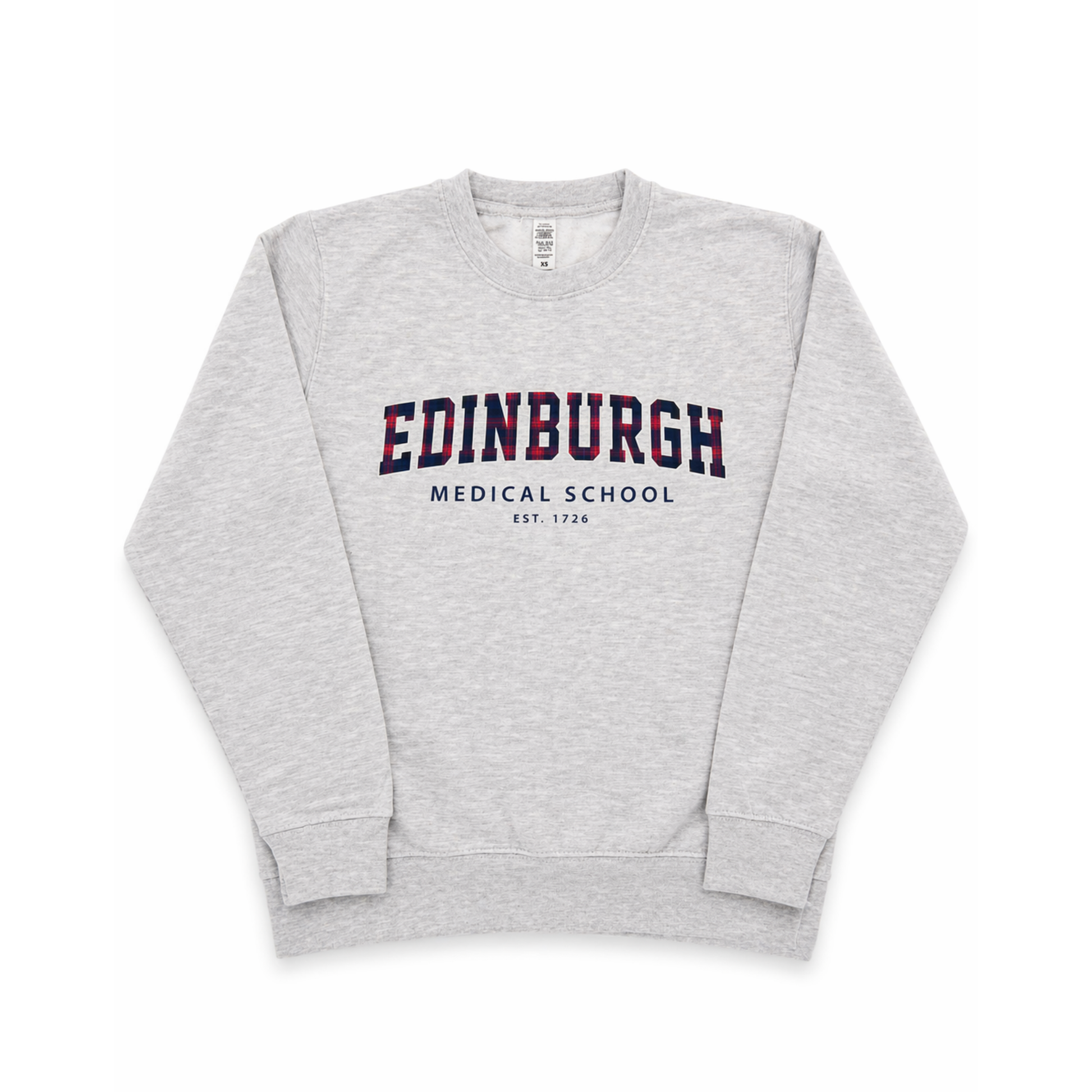 Gray sweatshirt with 'Edinburgh Medical School' tartan print text on a white background