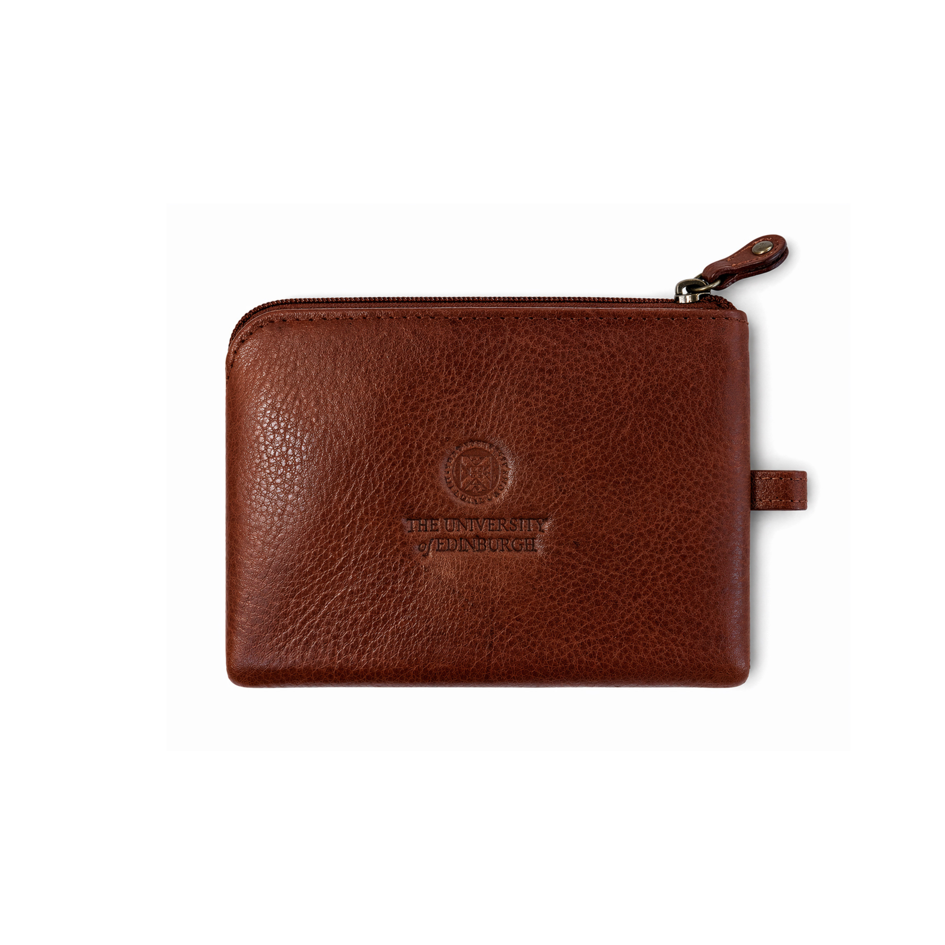 Back of tartan and leather coin purse featuring debossed University of Edinburgh crest.