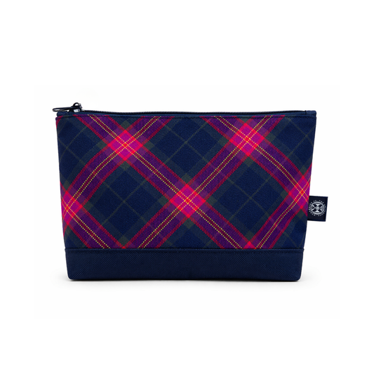 Navy wash bag featuring the Edinburgh Medical School official tartan.