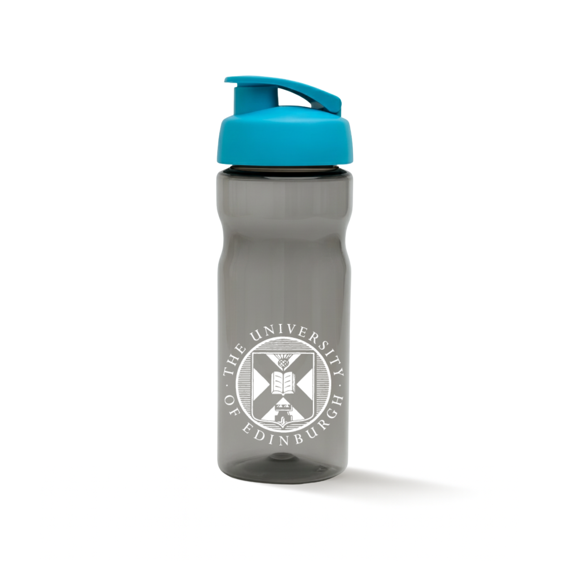 An opaque dark grey water bottle with a white university crest and a blue/teal cap