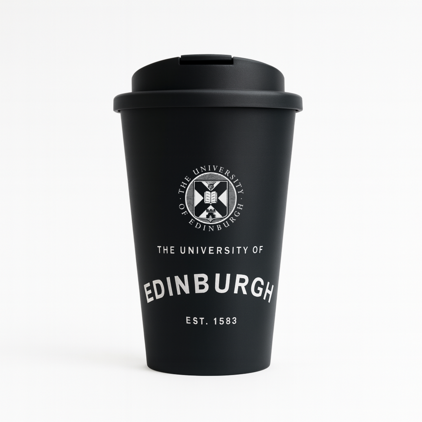 Eco Coffee Cup in black with screw-on flip-lid and 350 ml capacity. Features the University crest and our established print in white. 