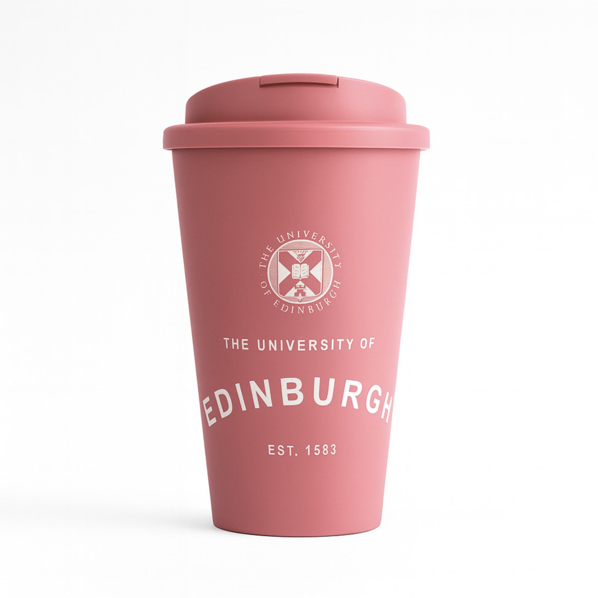 Eco Coffee Cup in pink with screw-on flip-lid and 350 ml capacity. Features the University crest and our established print in white. 