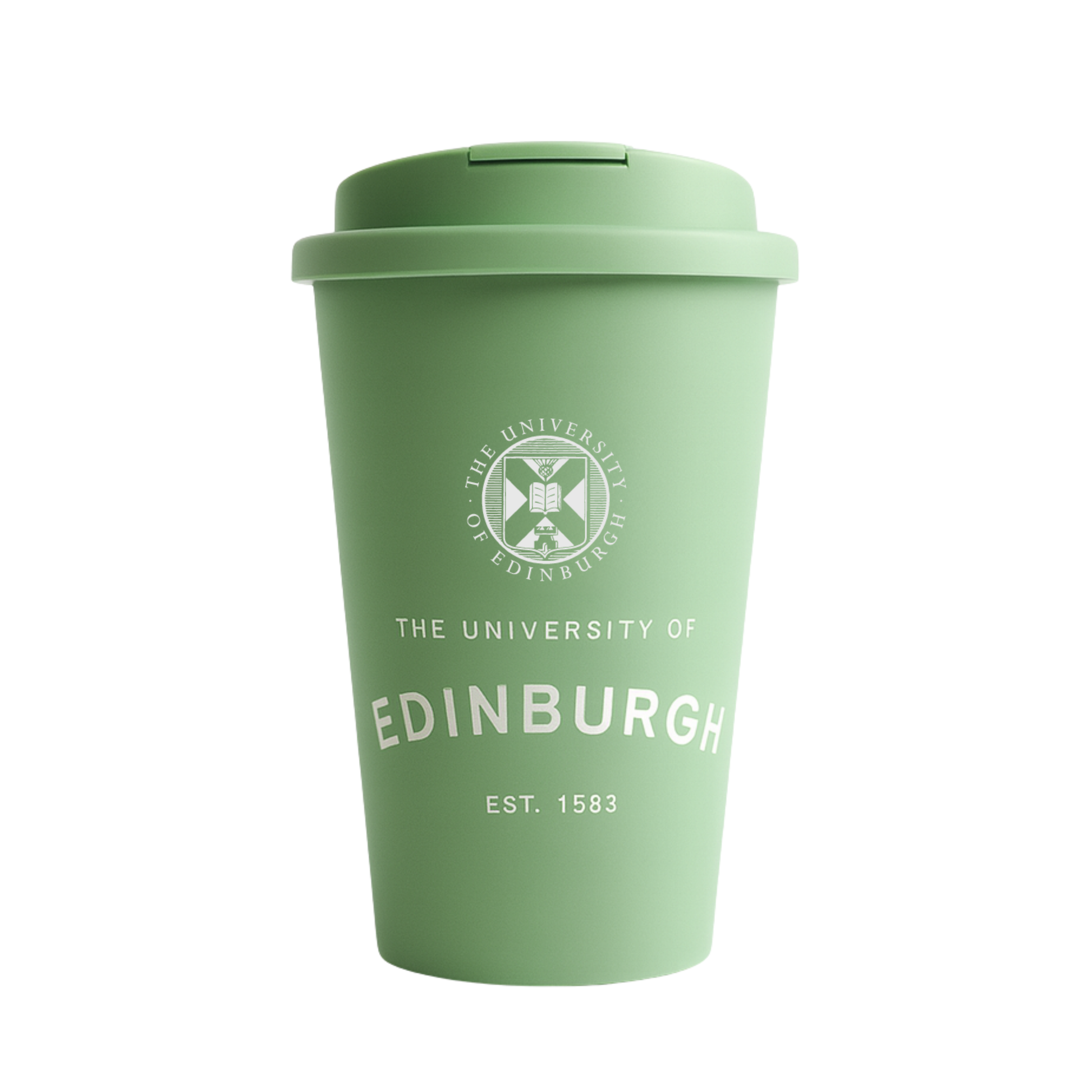 Eco Coffee Cup in sage green with screw-on flip-lid and 350 ml capacity. Features the University crest and our established print in white. 