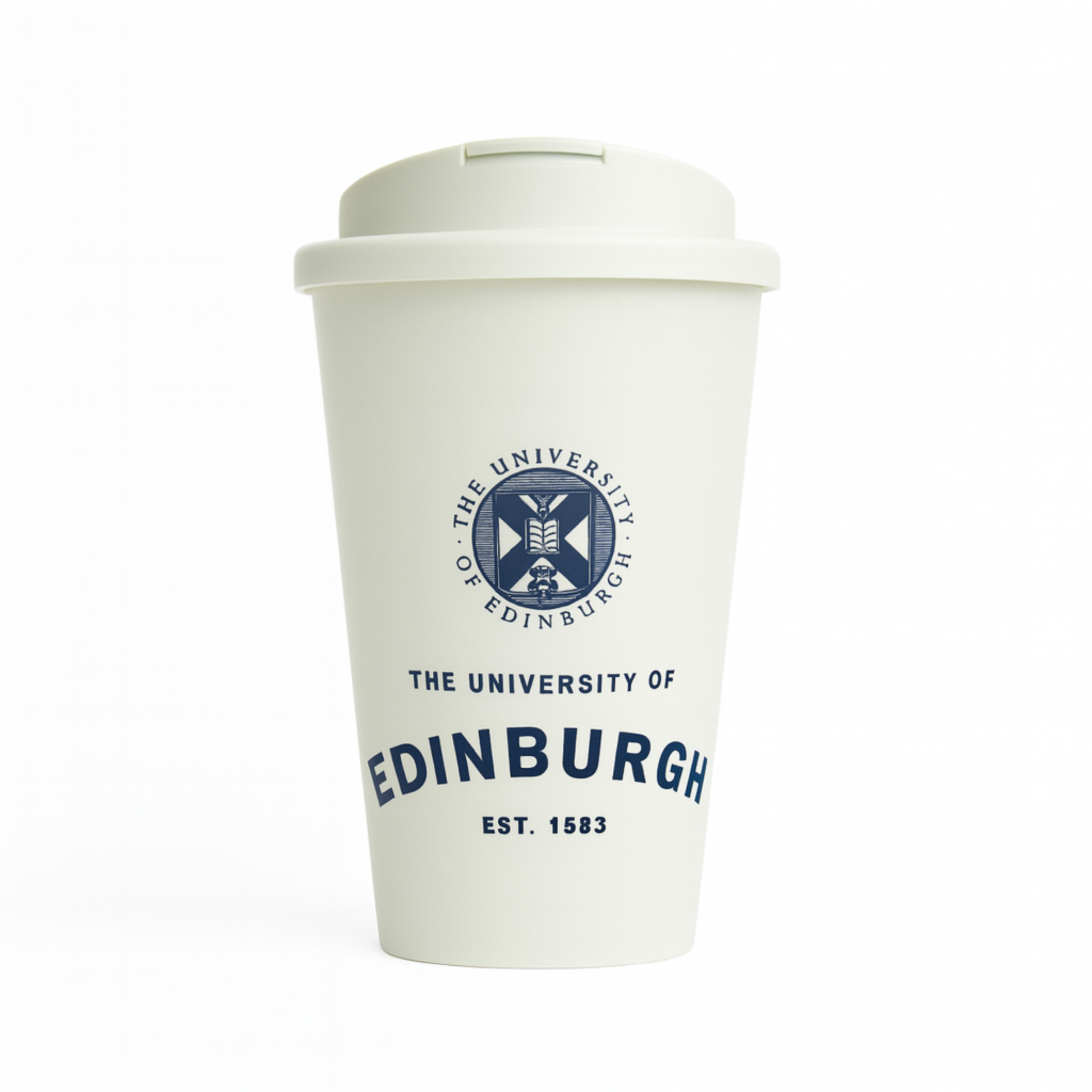 Eco Coffee Cup in white with screw-on flip-lid and 350 ml capacity. Features the University crest and our established print in navy. 