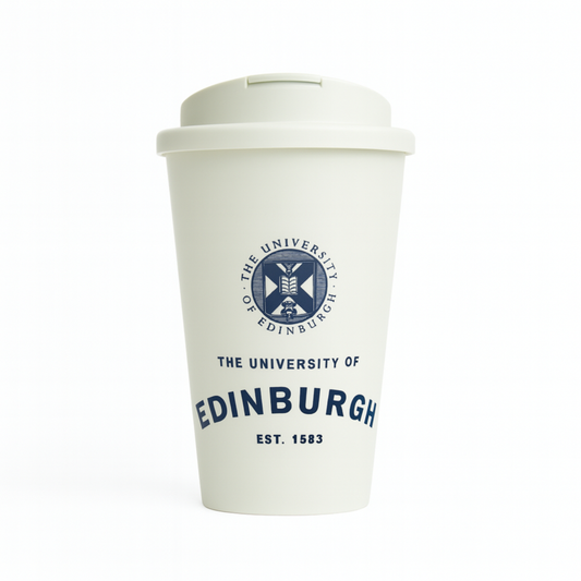Eco Coffee Cup in white with screw-on flip-lid and 350 ml capacity. Features the University crest and our established print in navy. 