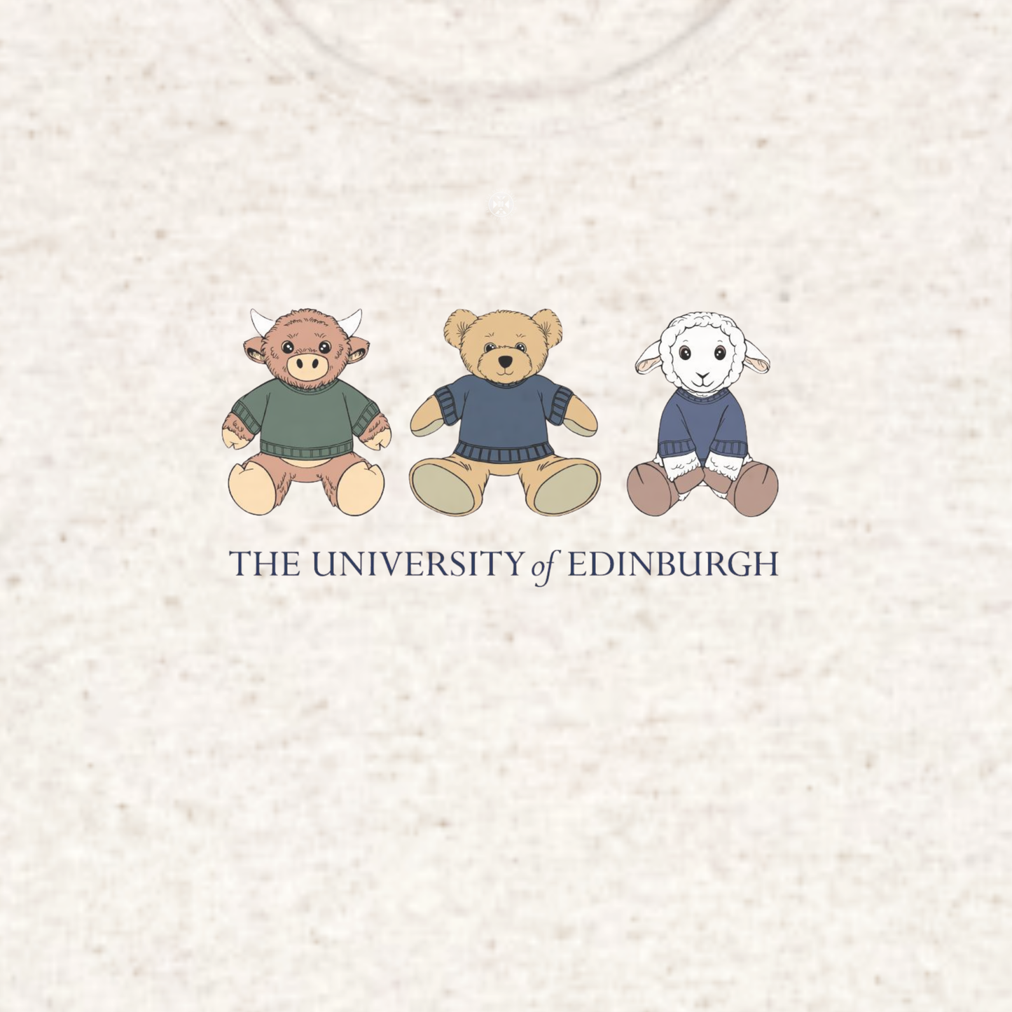 Close up of print featuring Edinbear and his friends Dolly the Sheep and McCoowan the Highland Cow. 