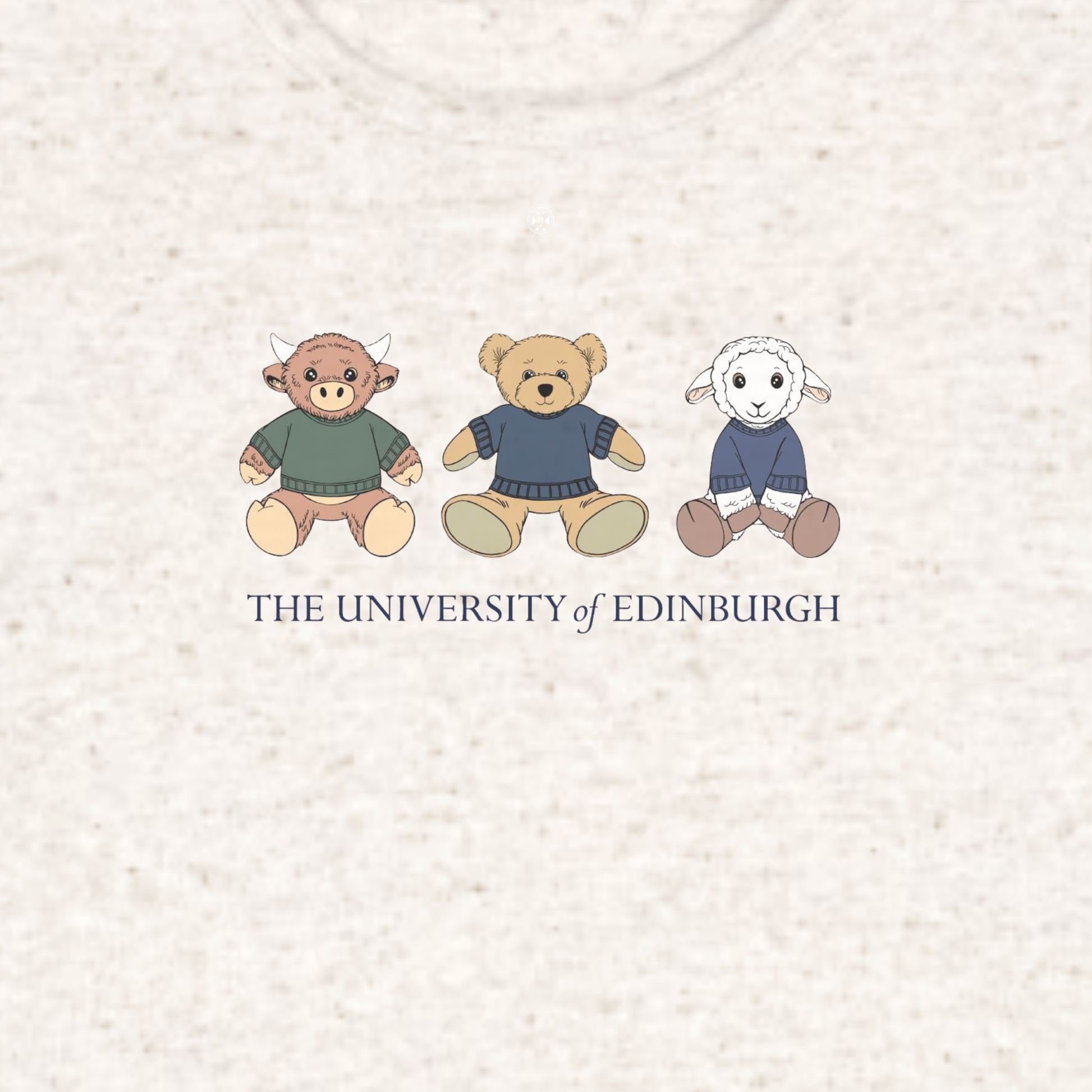 Close up of print featuring Edinbear and his friends Dolly the Sheep and McCoowan the Highland Cow. 