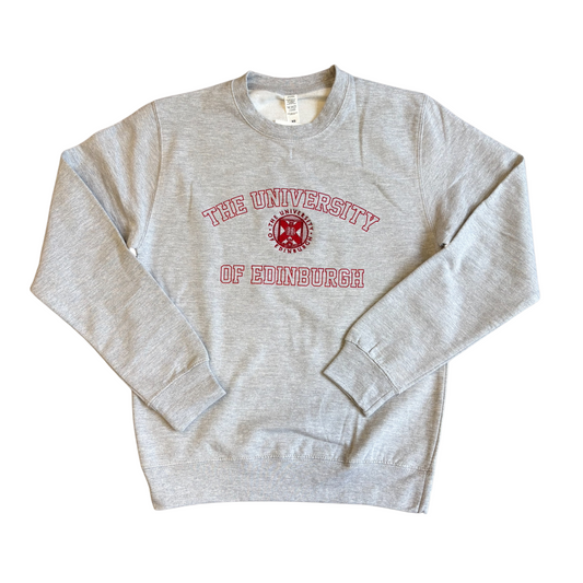 Grey crewneck sweatshirt featuring "The University of Edinburgh" in red text along with the University's crest embroidered in the center. The sweatshirt has a classic fit with ribbed cuffs and hem.