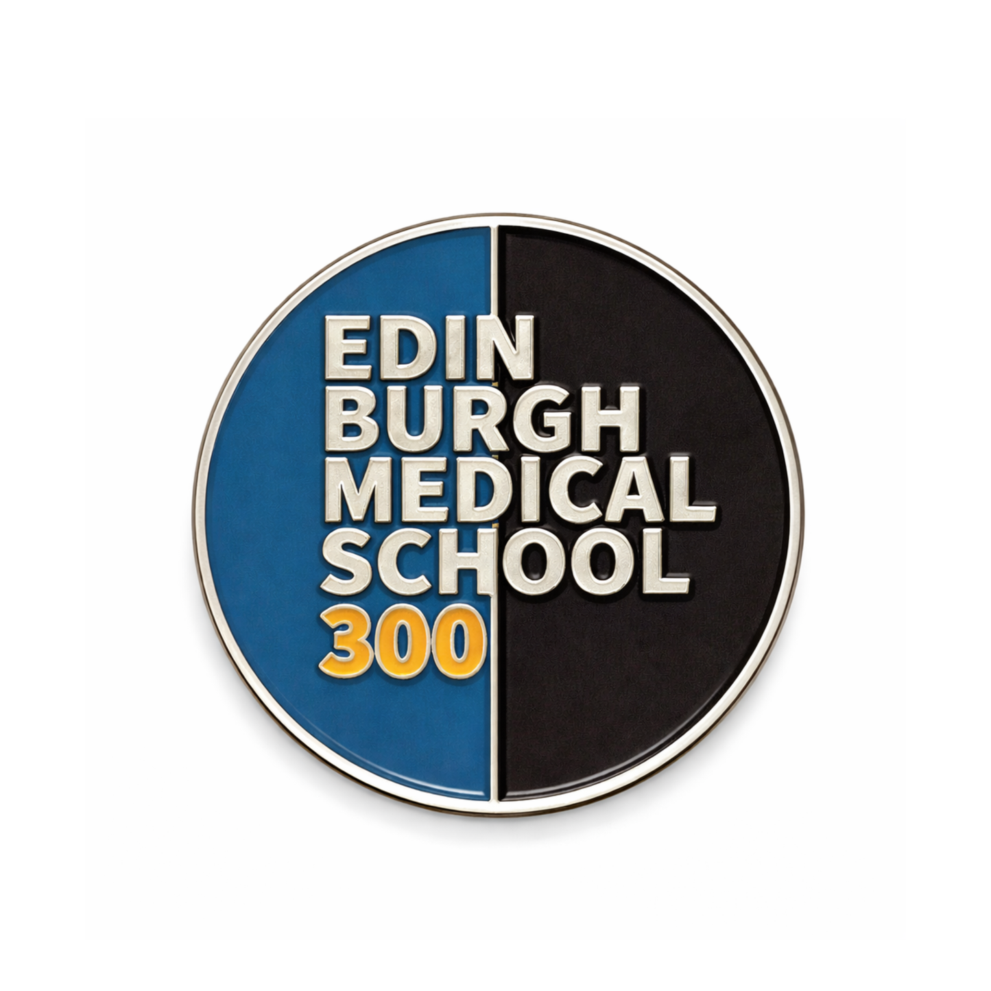 Pin with 'Edinburgh Medical School 300' text on a blue and black background