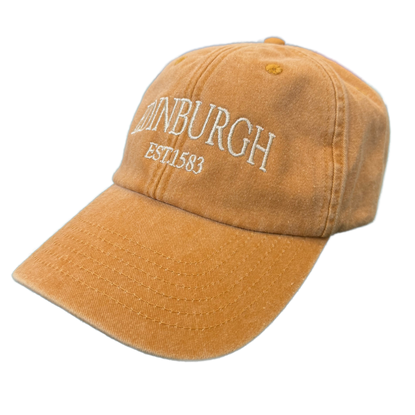 Vintage mustard yellow hat against a white background with 'Edinburgh EST. 1583' embroidered on the cap with an off white thread