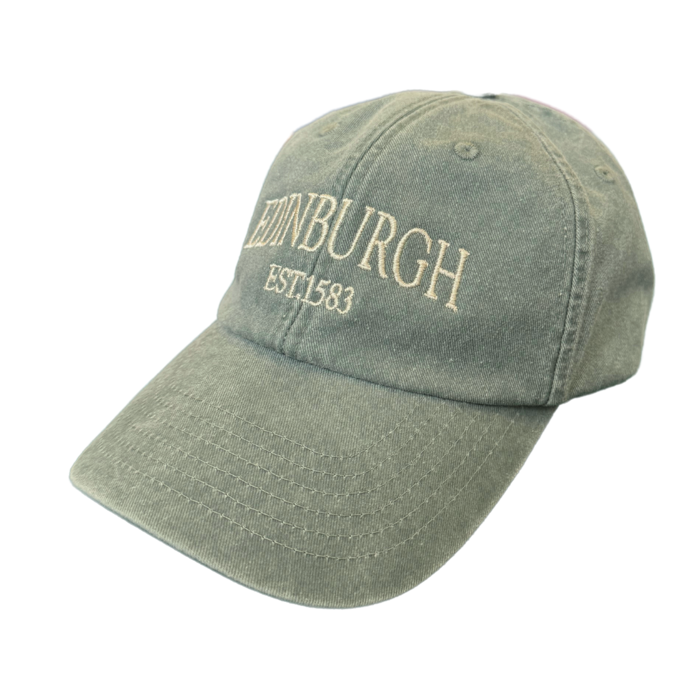 sage green vintage baseball cap with 'Edinburgh EST. 1583' embroidered text in an off white thread against a white background