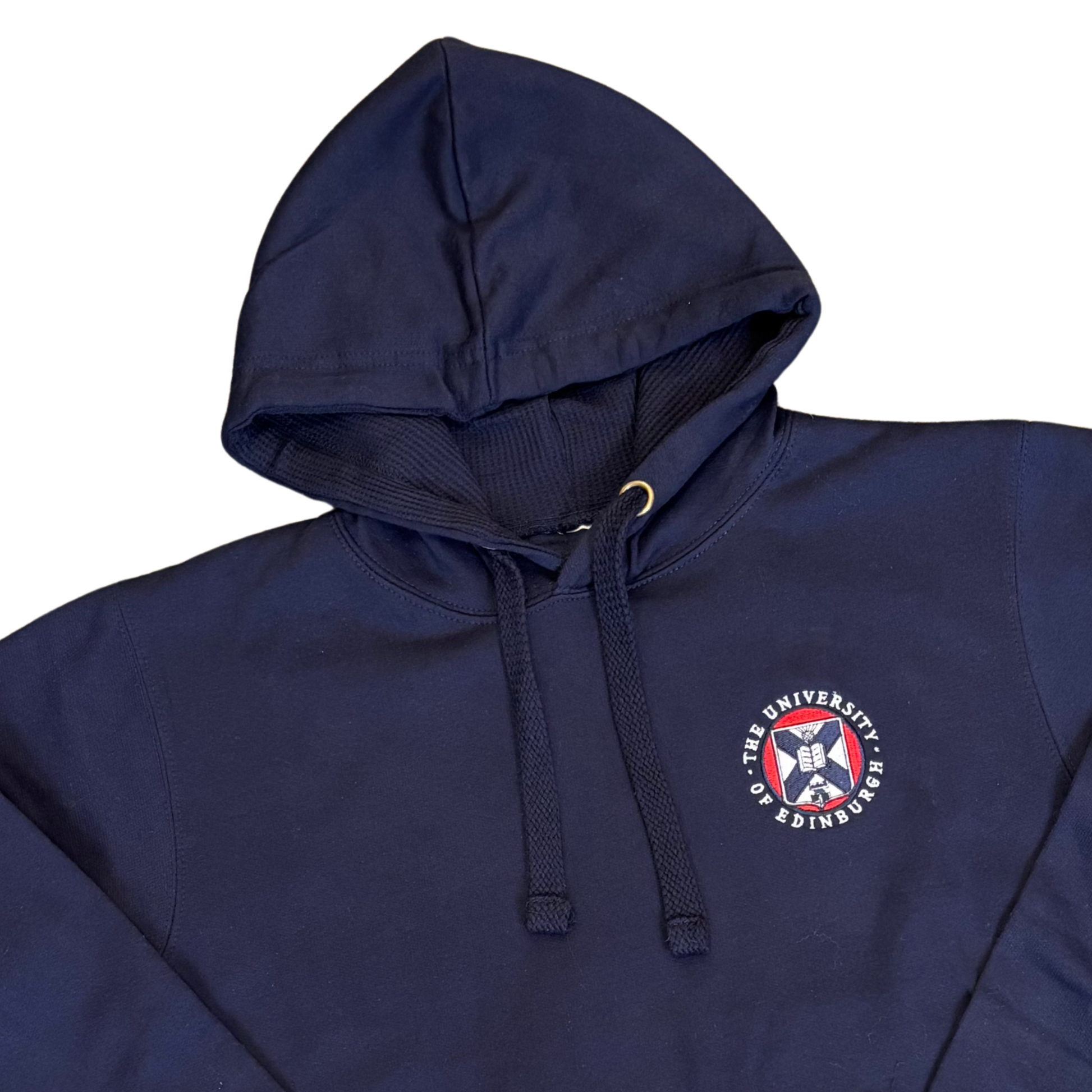 Close up of crest embroidery and hood.