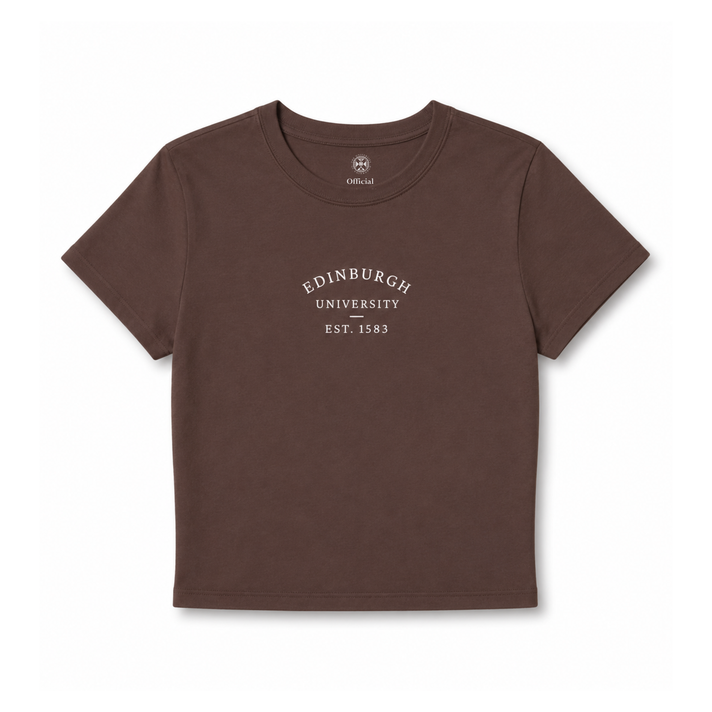 Brown cropped and fitted t-shirt with 'Edinburgh University EST. 1583' text on a white background