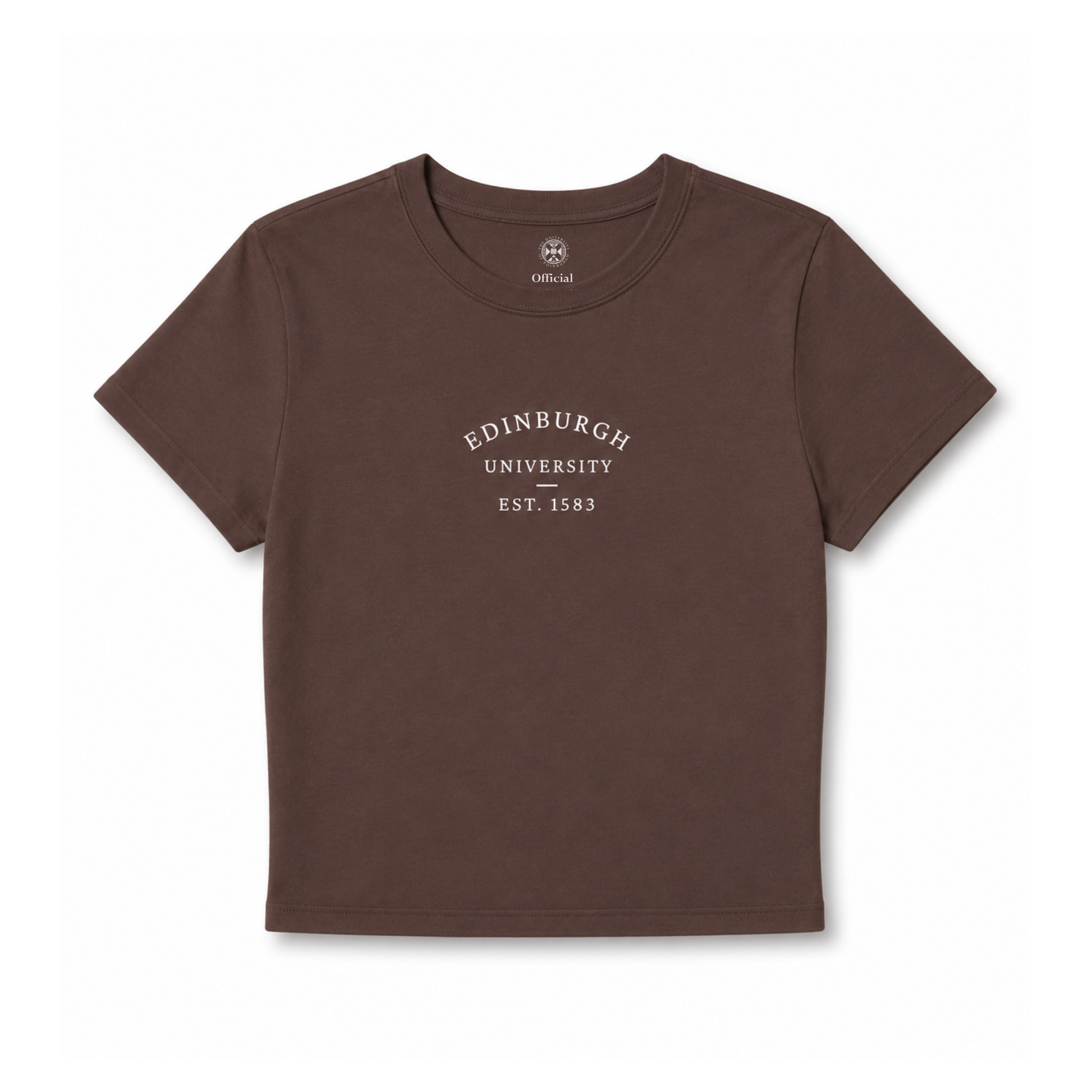 Brown cropped and fitted t-shirt with 'Edinburgh University EST. 1583' text on a white background