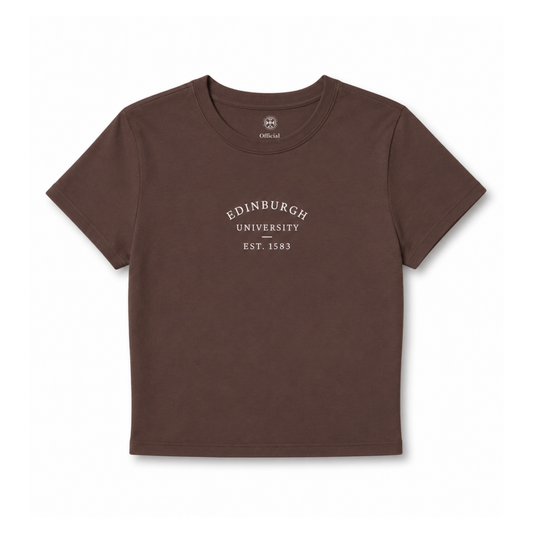 Brown cropped and fitted t-shirt with 'Edinburgh University EST. 1583' text on a white background