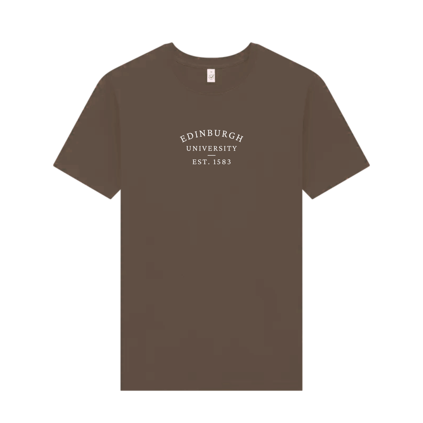 Brown t-shirt with 'Edinburgh University EST. 1583' text on a white background