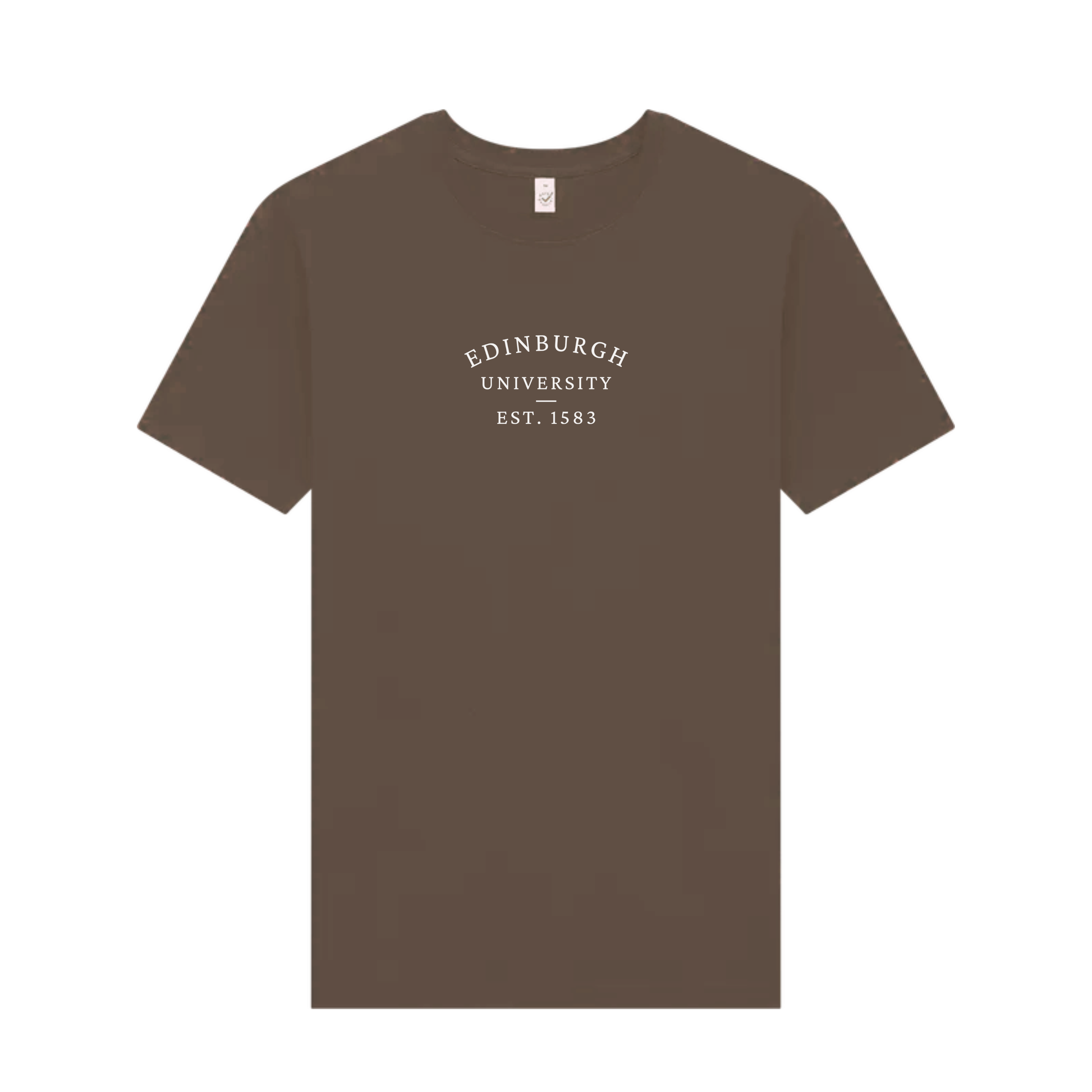 Brown t-shirt with 'Edinburgh University EST. 1583' text on a white background