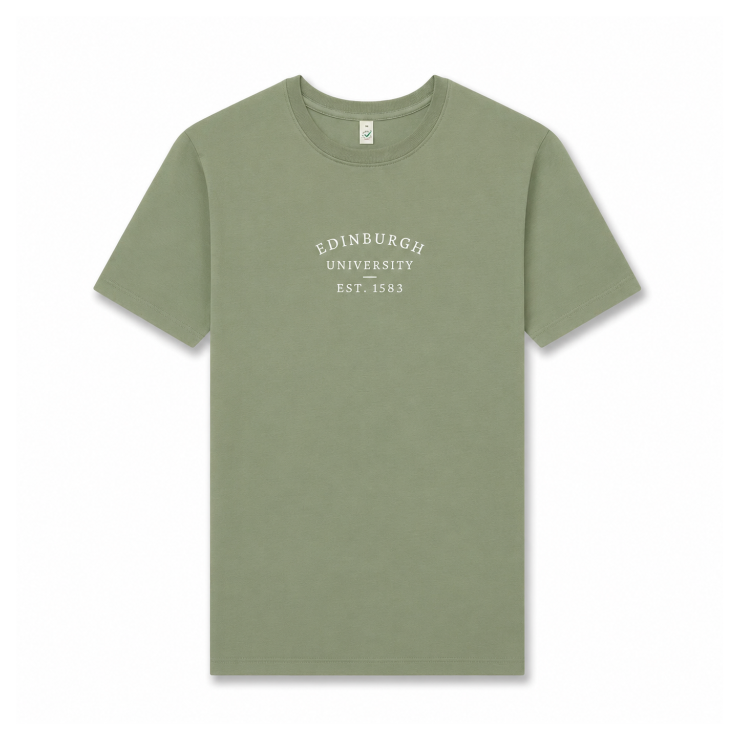 Light green t-shirt with 'Edinburgh University EST. 1583' text on a white background
