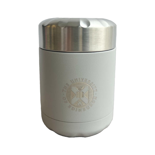 Chilly's Food Pot in Grey/Silver, has University of Edinburgh crest engraved.