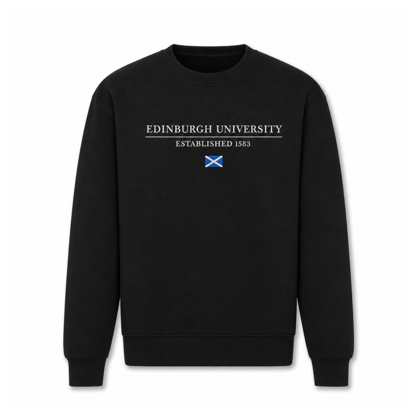 Black sweatshirt with 'EDINBURGH UNIVERSITY ESTABLISHED 1583' embroidered above a Scottish Saltire Flag.