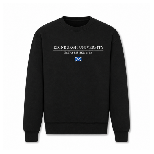 Black sweatshirt with 'EDINBURGH UNIVERSITY ESTABLISHED 1583' embroidered above a Scottish Saltire Flag.