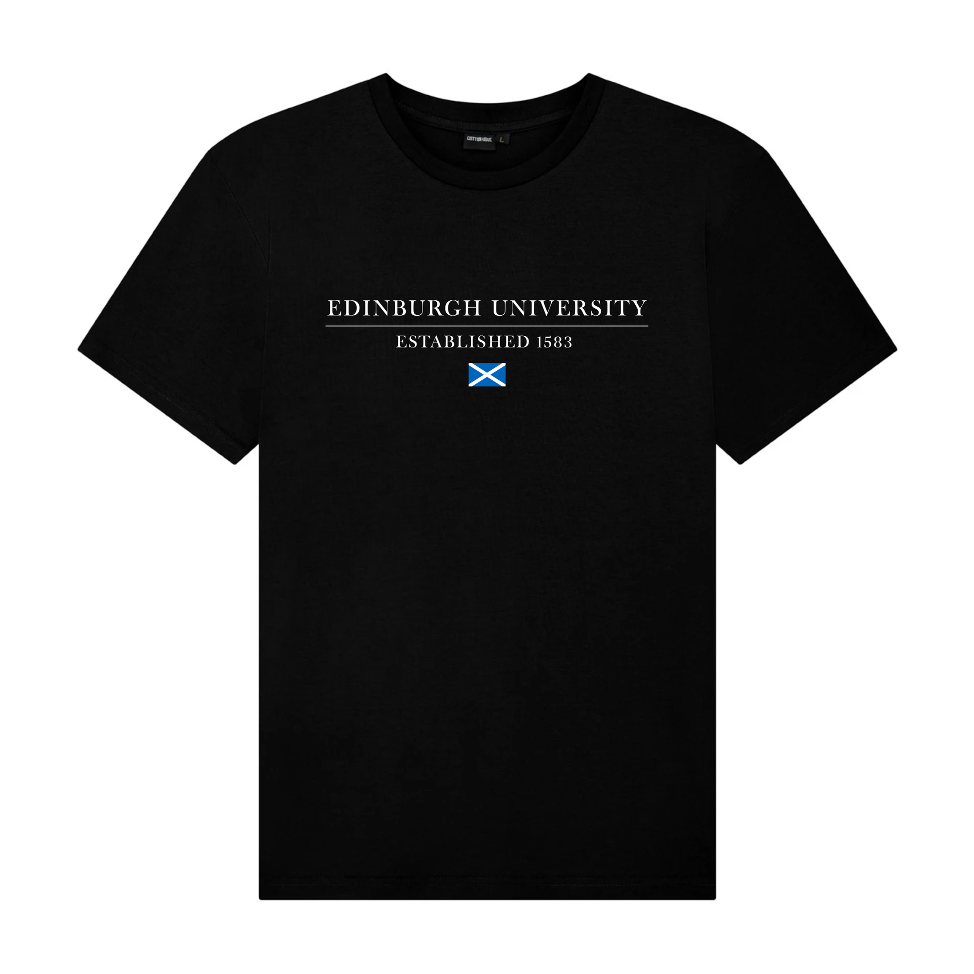 Black t-shirt with 'Edinburgh University Established 1583' text and Scottish flag on a white background