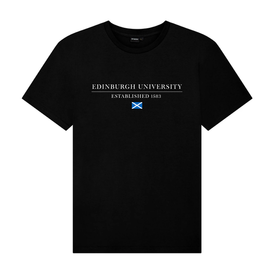 Black t-shirt with 'Edinburgh University Established 1583' text and Scottish flag on a white background