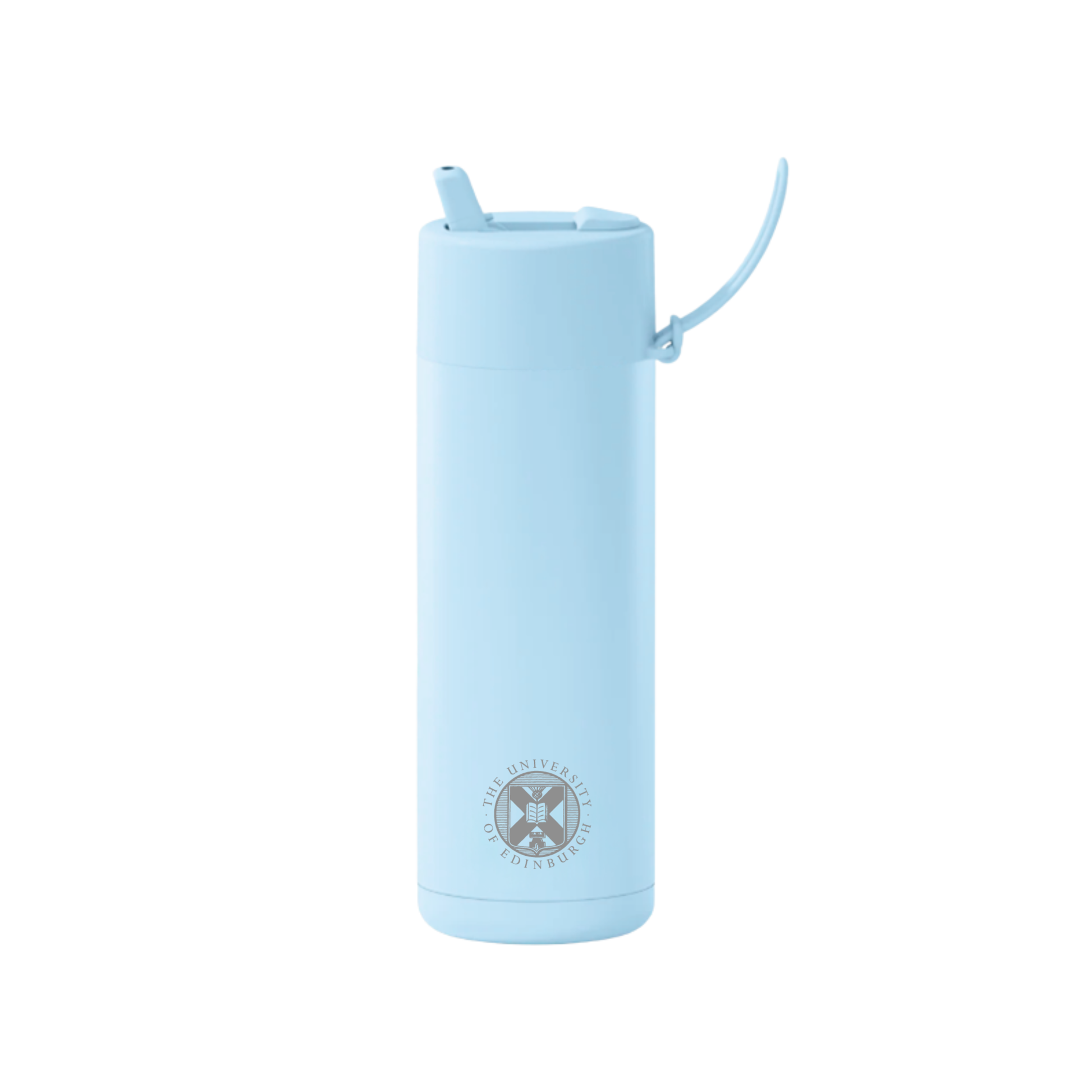 The front of the Frank Green Thermal Reusable Bottle - 595ml in Sky Blue with the University logo laser engraved. The front also shows the silicon strap.