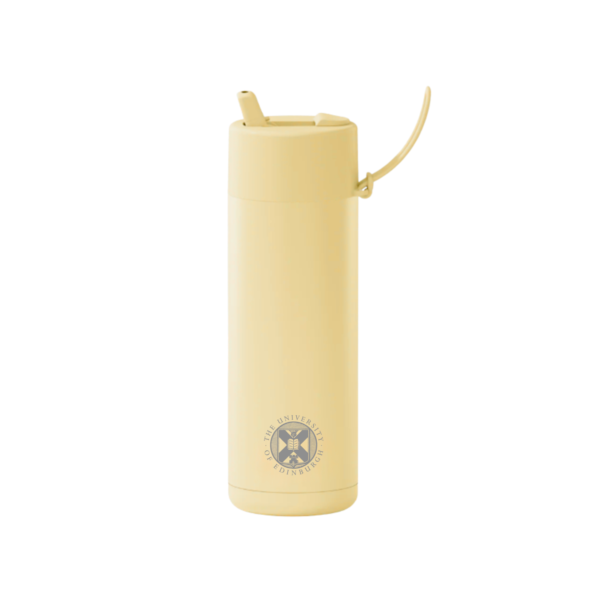 The front of the Frank Green Thermal Reusable Bottle - 595ml in Buttermilk with the University logo laser engraved. The front also shows the silicon strap.
