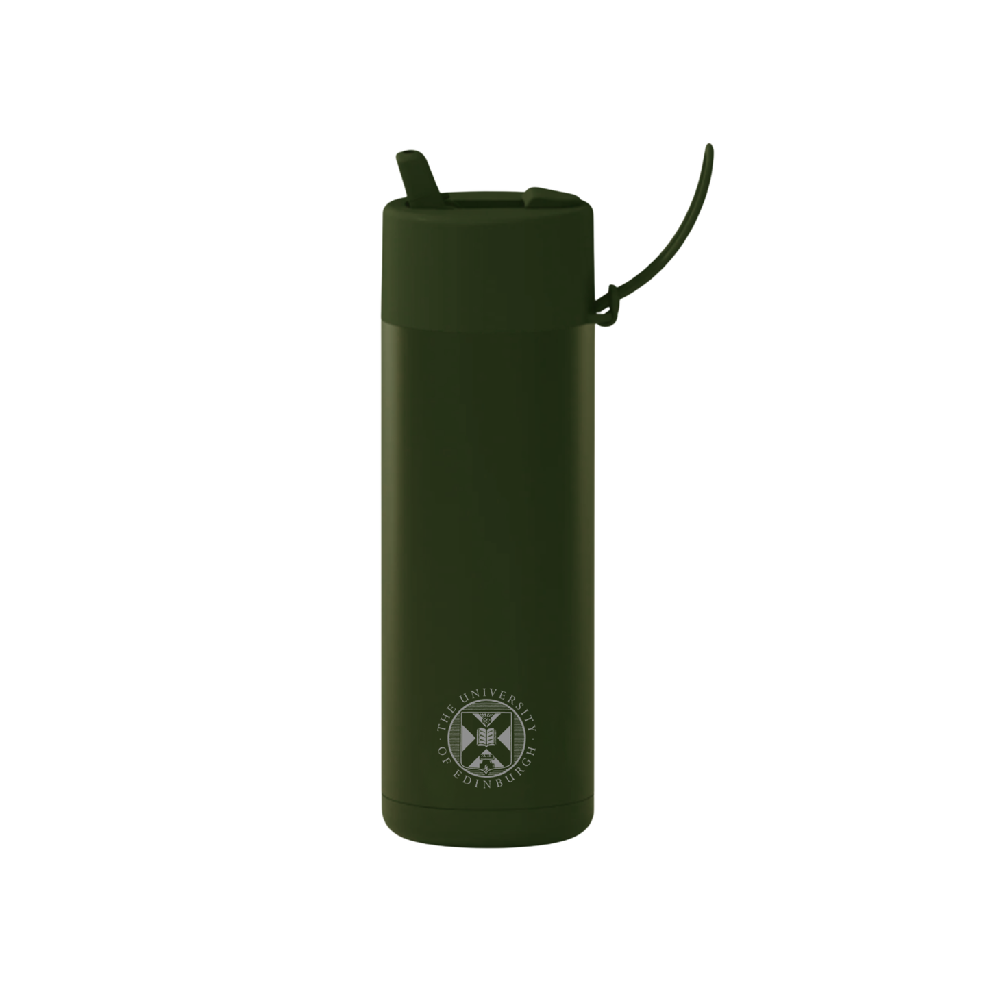 The front of the Frank Green Thermal Reusable Bottle - 595ml in Khaki Green with the University logo laser engraved. The front also shows the silicon strap.