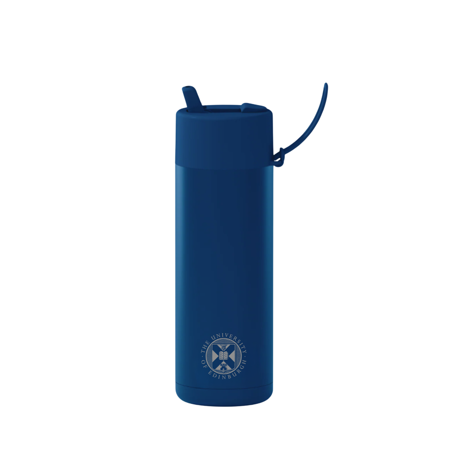 The front of the Frank Green Thermal Reusable Bottle - 595ml in Deep Ocean with the University logo laser engraved. The front also shows the silicon strap.