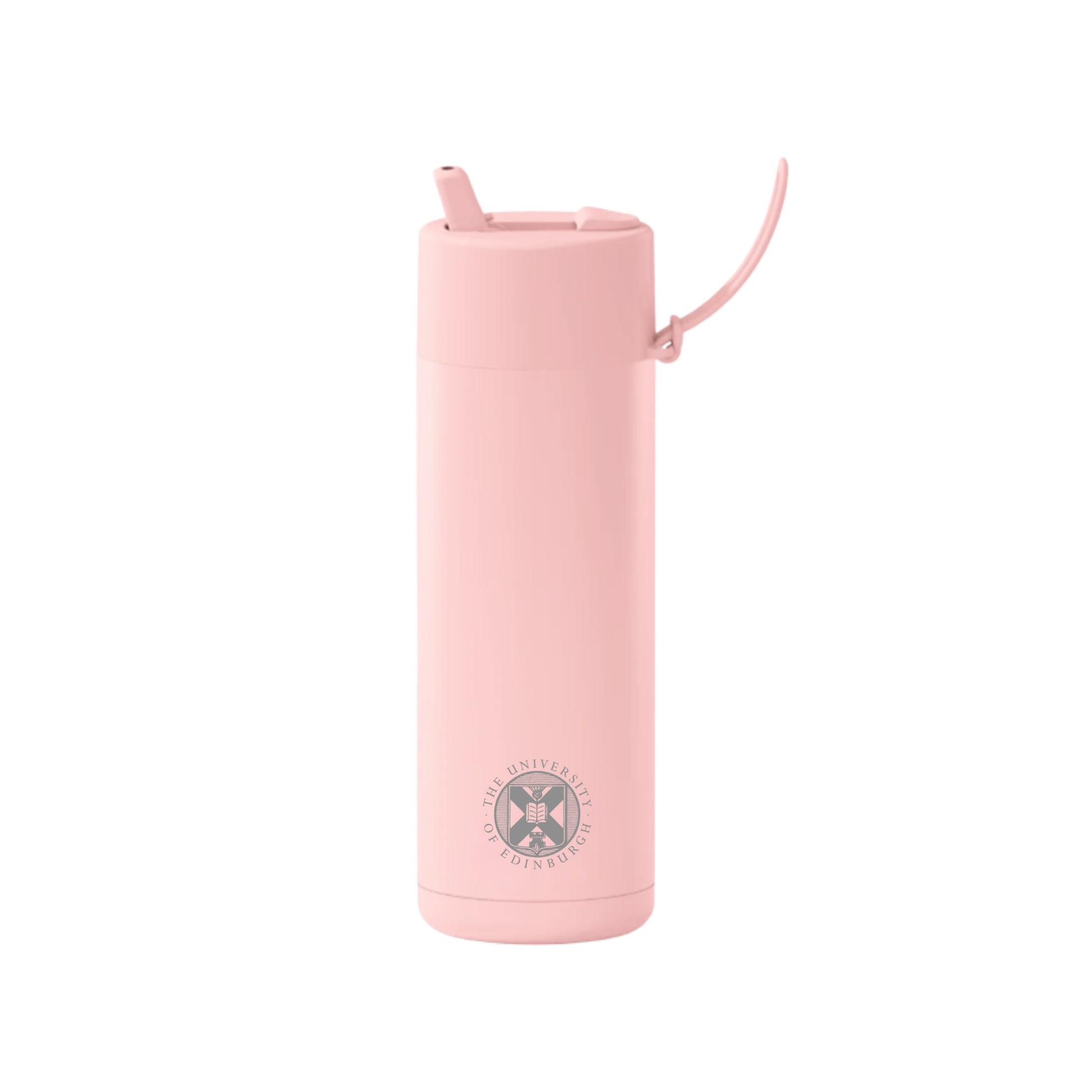 The front of the Frank Green Thermal Reusable Bottle - 595ml in Blushed with the University logo laser engraved. The front also shows the silicon strap.