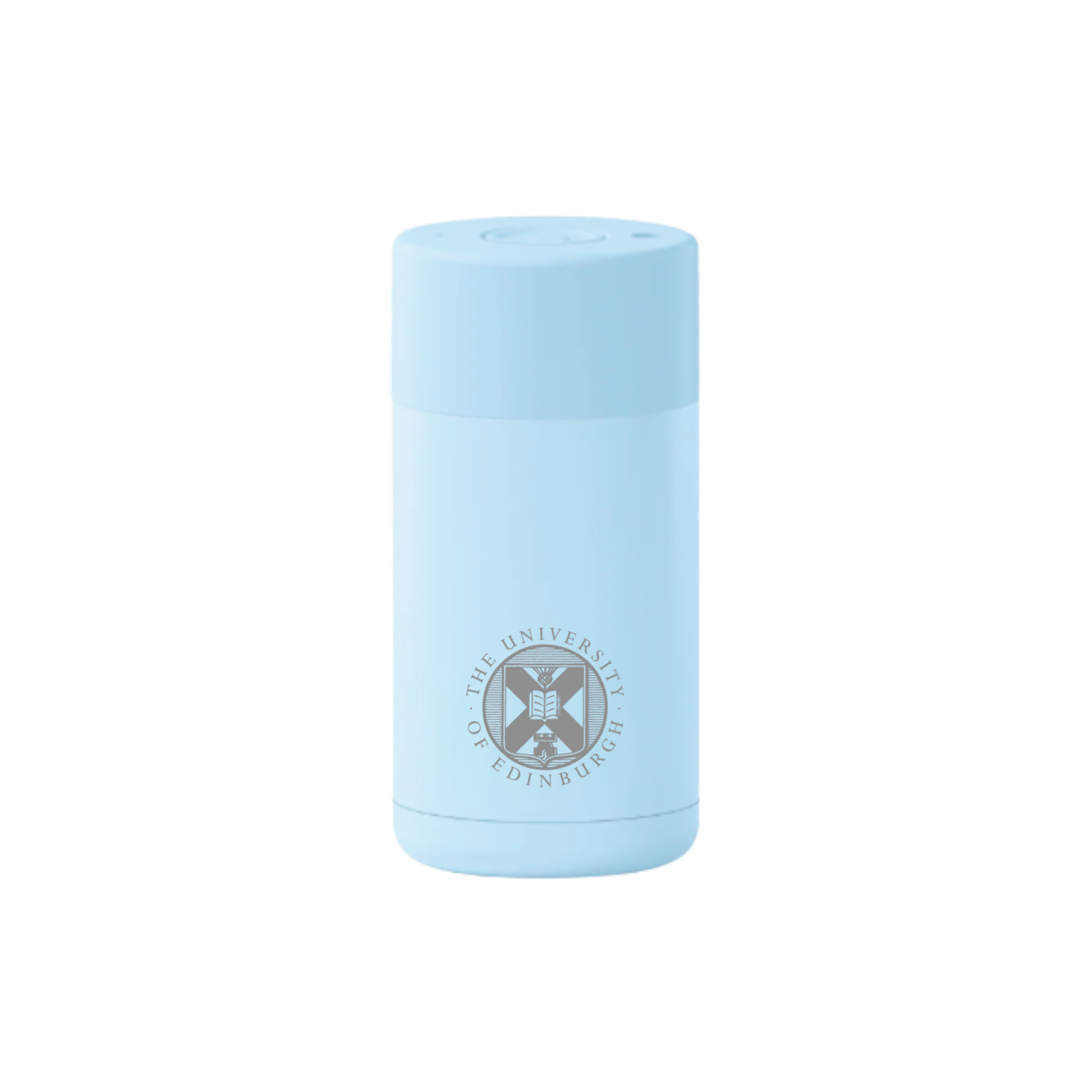 The front of the Frank Green Thermal Reusable Coffee Cup - 355ml in Sky Blue with the University logo laser engraved. 