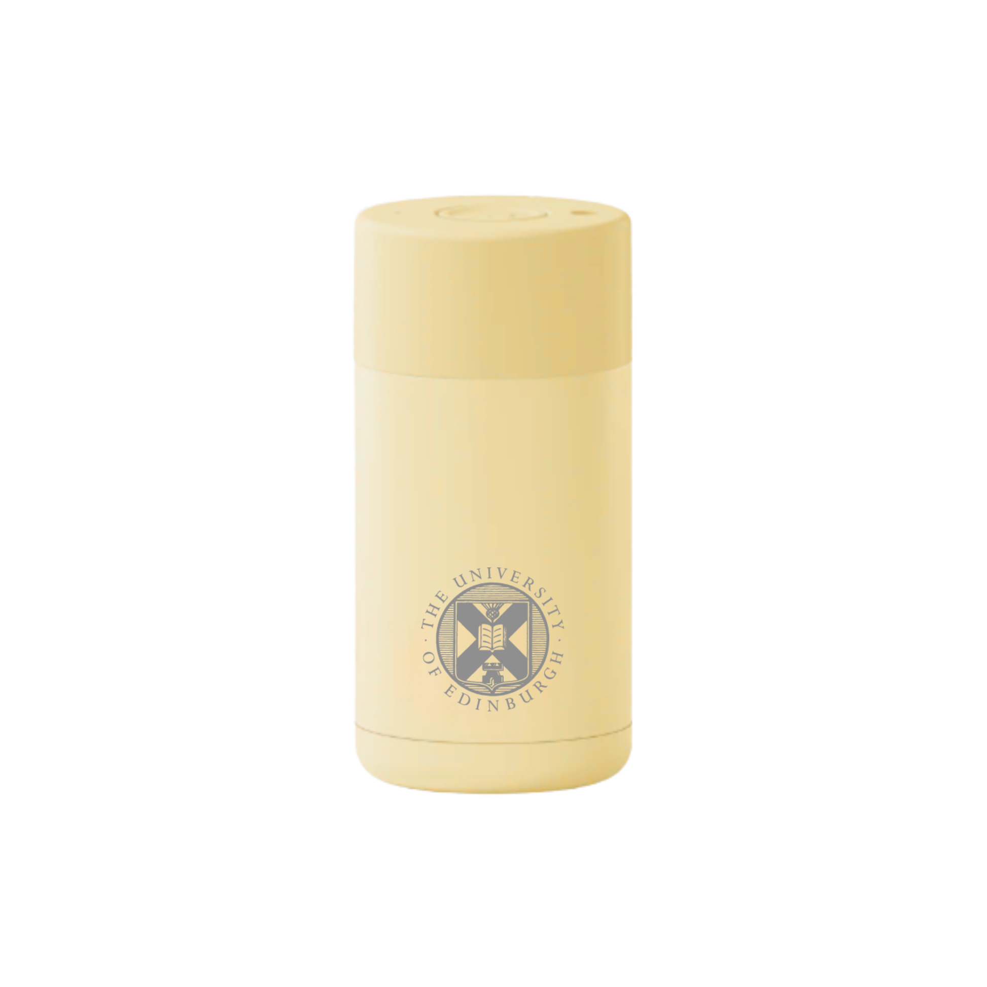 The front of the Frank Green Thermal Reusable Coffee Cup - 355ml in Buttermilk with the University logo laser engraved. 