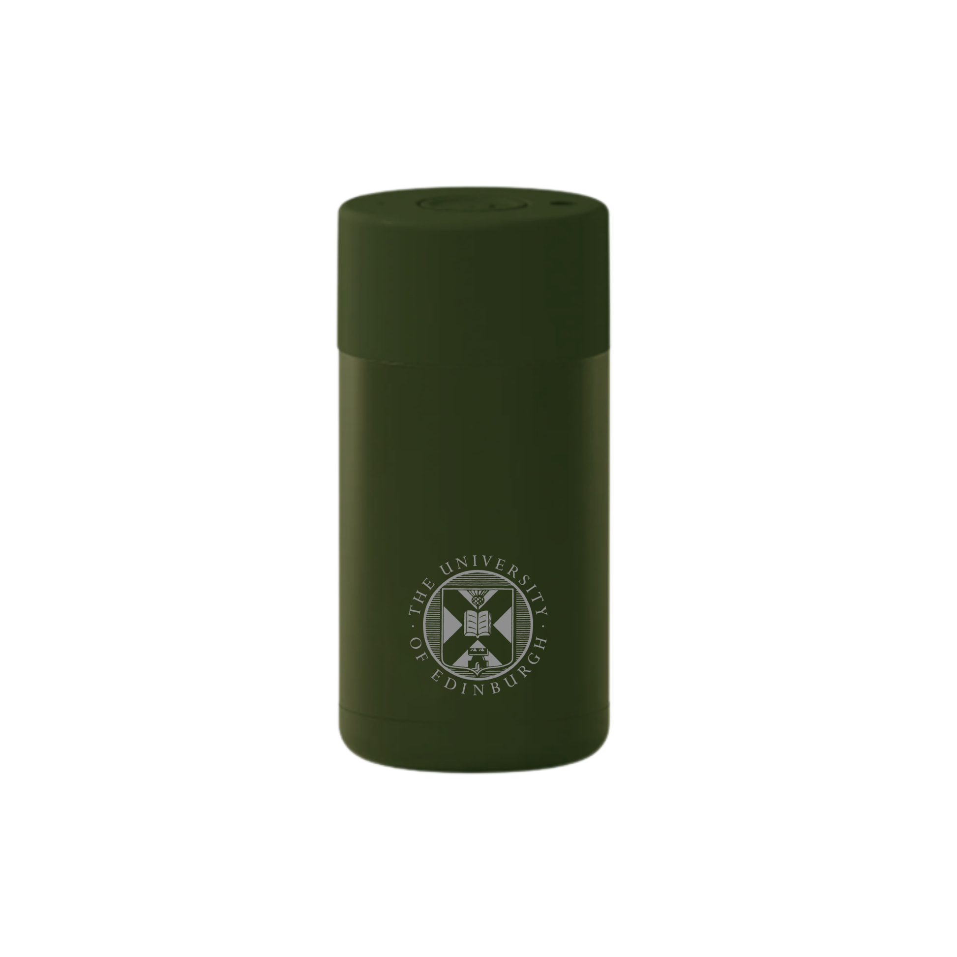 The front of the Frank Green Thermal Reusable Coffee Cup - 355ml in Khaki Green with the University logo laser engraved. 