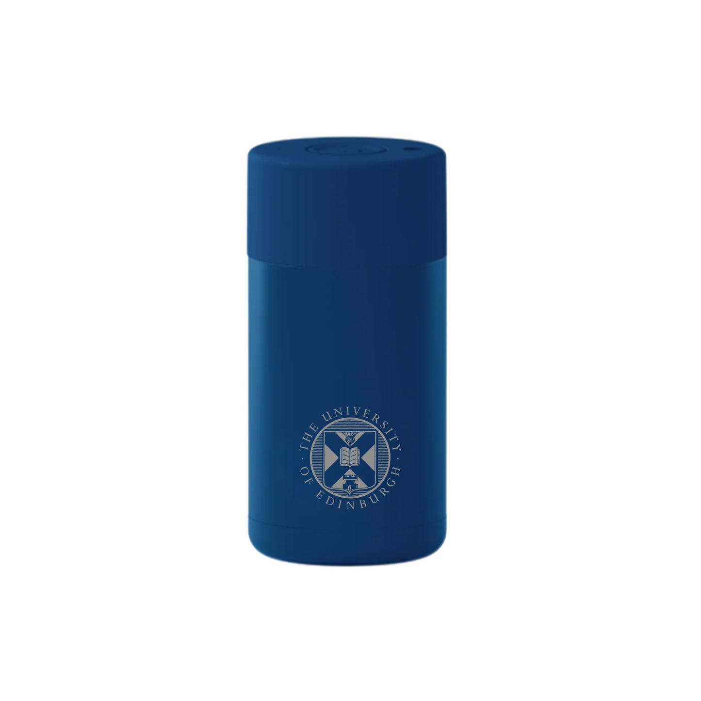 The front of the Frank Green Thermal Reusable Coffee Cup - 355ml in Deep Ocean with the University logo laser engraved. 