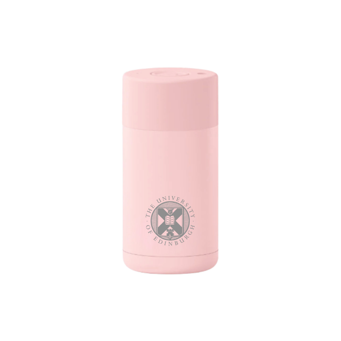 The front of the Frank Green Thermal Reusable Coffee Cup - 355ml in Blushed with the University logo laser engraved. 